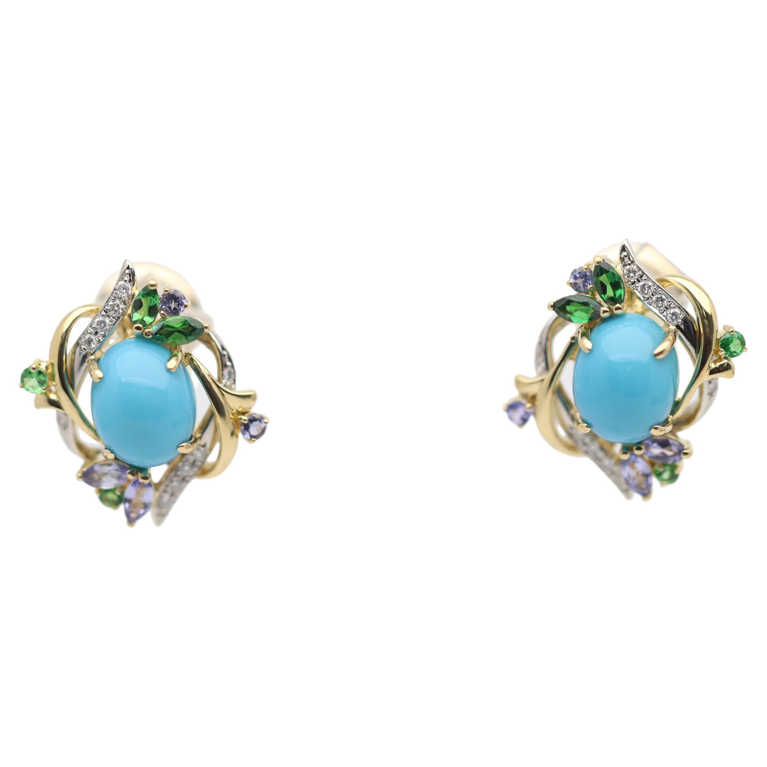 Persian Turquoise Diamond Tsavorite Tanzanite Gold & Platinum Earrings For Sale