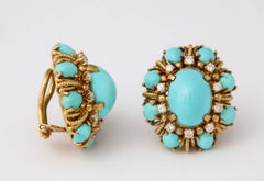 Persian Turquoise Earrings Diamonds Set in 18 Karat Yellow Gold, Clip Backs