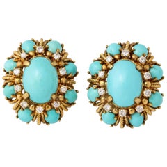 Persian Turquoise Earrings Diamonds Set in 18 Karat Yellow Gold, Clip Backs