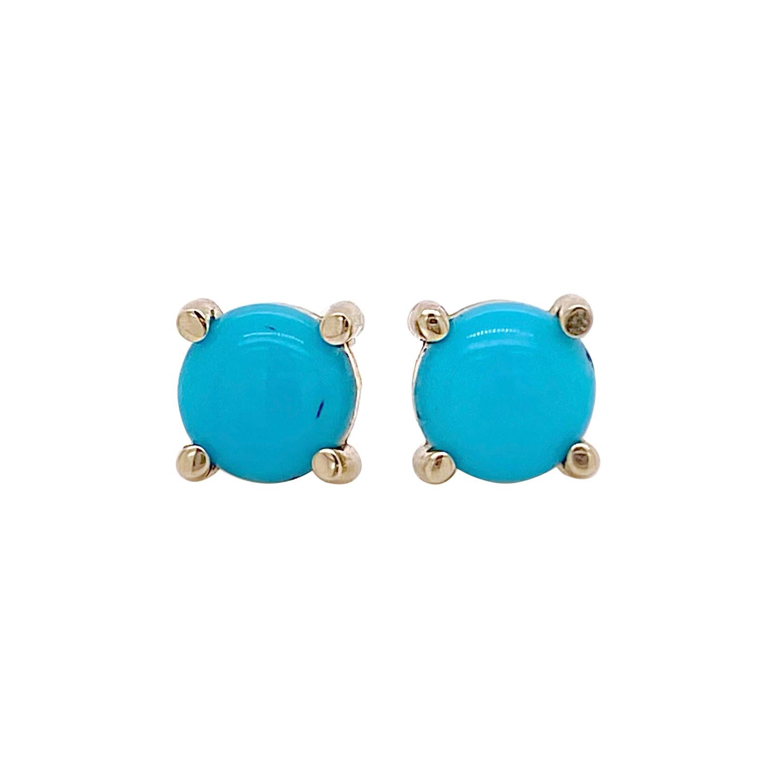 Persian Turquoise Earrings, Round Stud Style in Four Prongs and 14k Yellow Gold