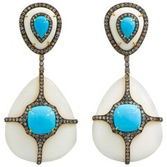 Retro Persian Turquoise Earrings with Diamonds 3.85 Carat and Bakelite