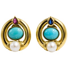 Persian Turquoise Earrings with Sapphire and Ruby 18 Karat Gold, Made in Italy