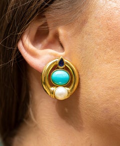 Persian Turquoise Earrings with Sapphire and Ruby 18 Karat Gold, Made in Italy
