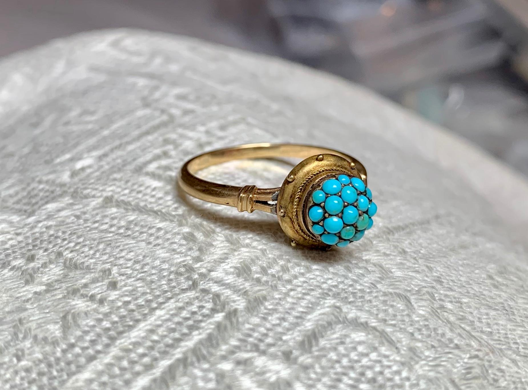 Persian Turquoise Etruscan Revival Ring Antique Victorian 14 Karat Rose Gold For Sale 2