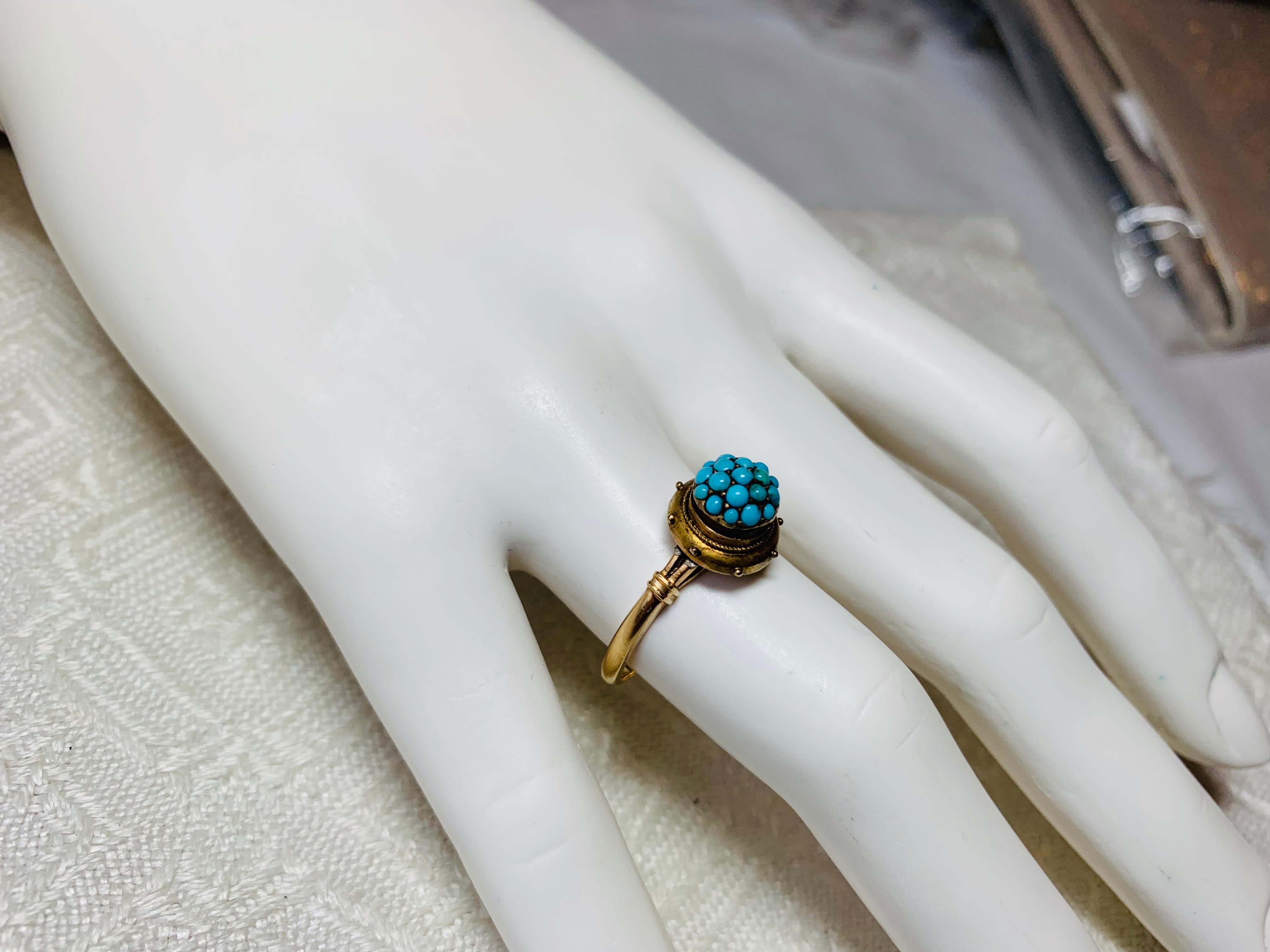 Round Cut Persian Turquoise Etruscan Revival Ring Antique Victorian 14 Karat Rose Gold For Sale