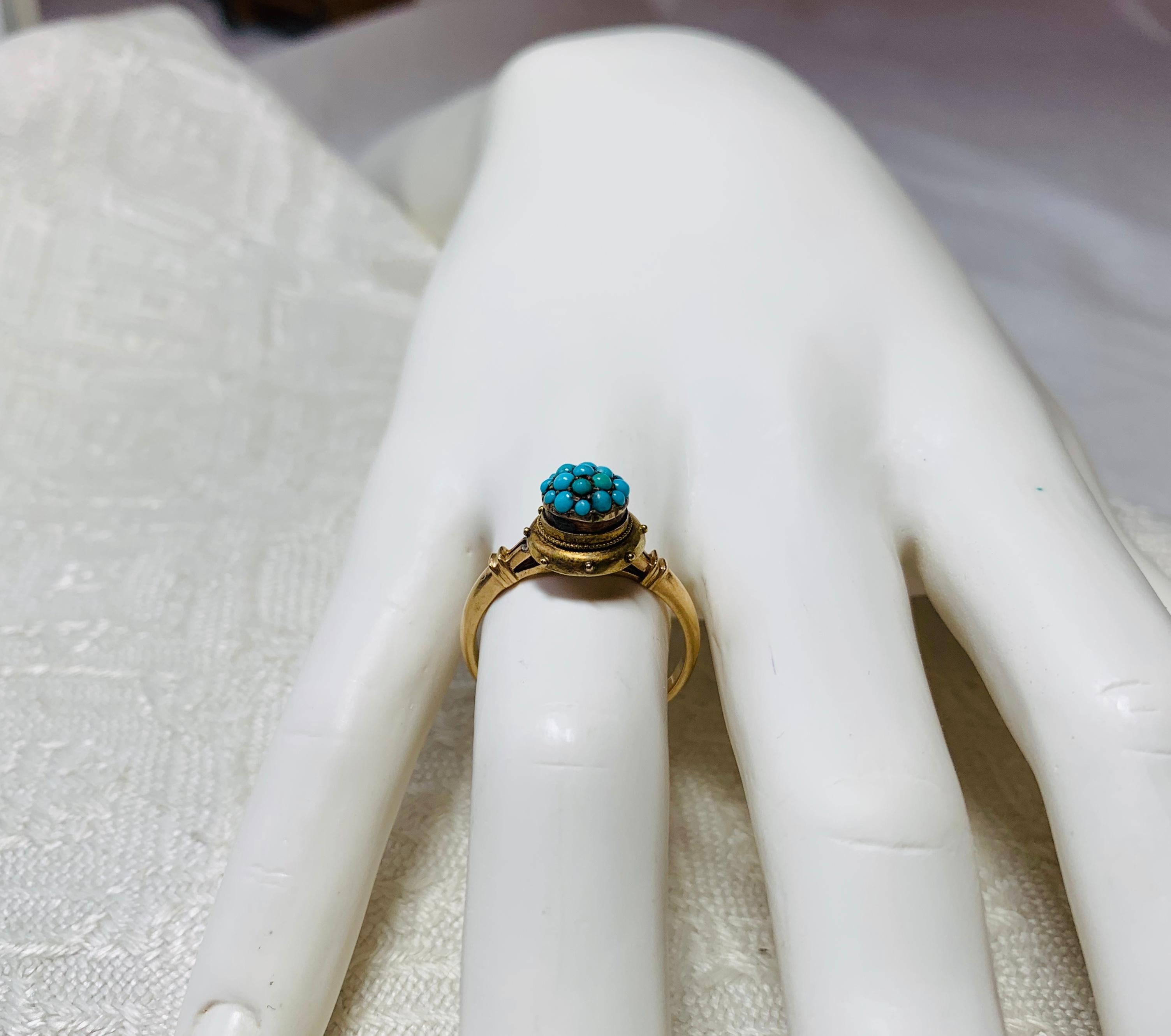 Persian Turquoise Etruscan Revival Ring Antique Victorian 14 Karat Rose Gold In Good Condition For Sale In New York, NY