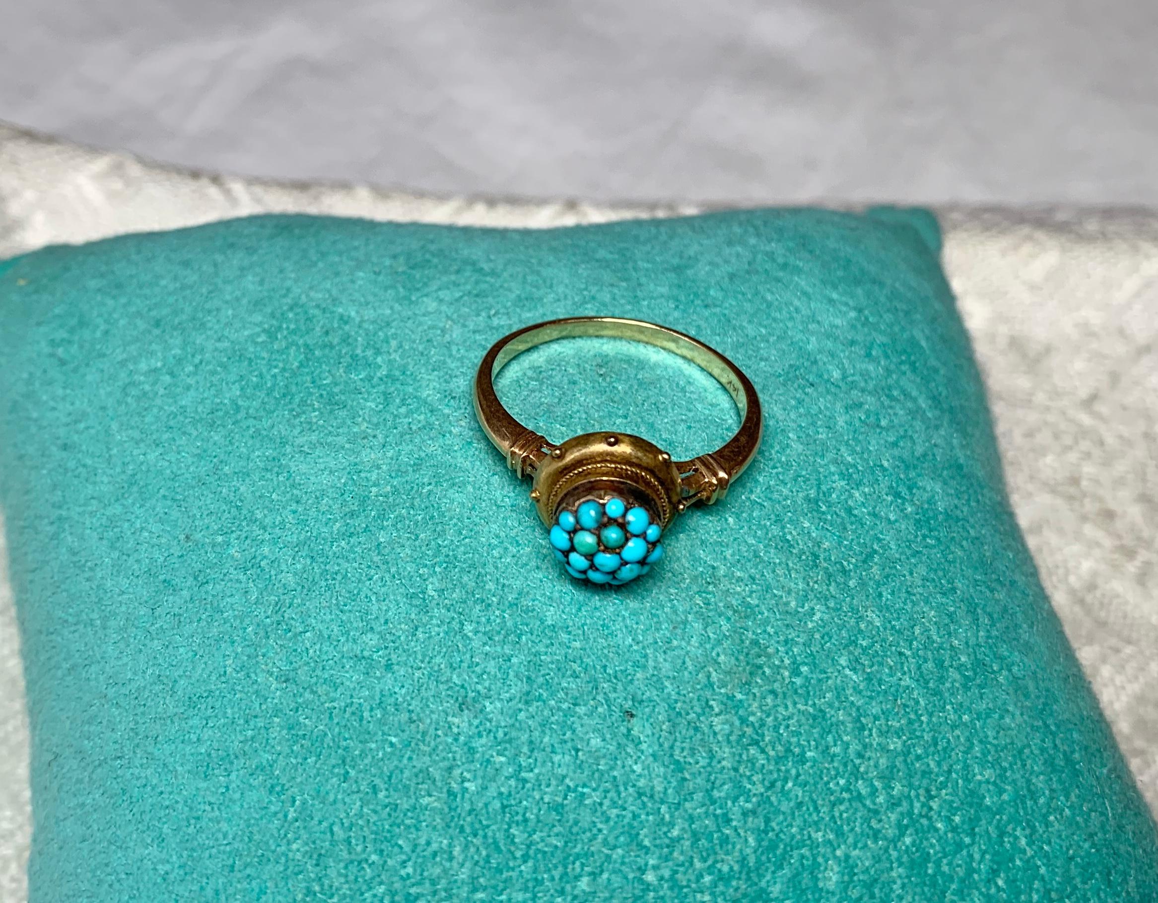 Women's Persian Turquoise Etruscan Revival Ring Antique Victorian 14 Karat Rose Gold For Sale