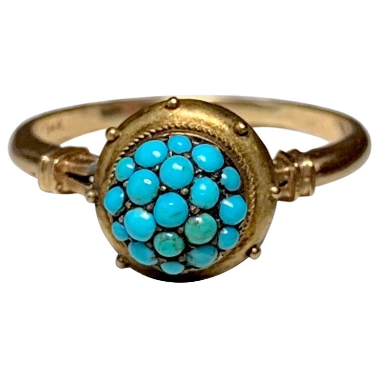 Persian Turquoise Etruscan Revival Ring Antique Victorian 14 Karat Rose Gold For Sale