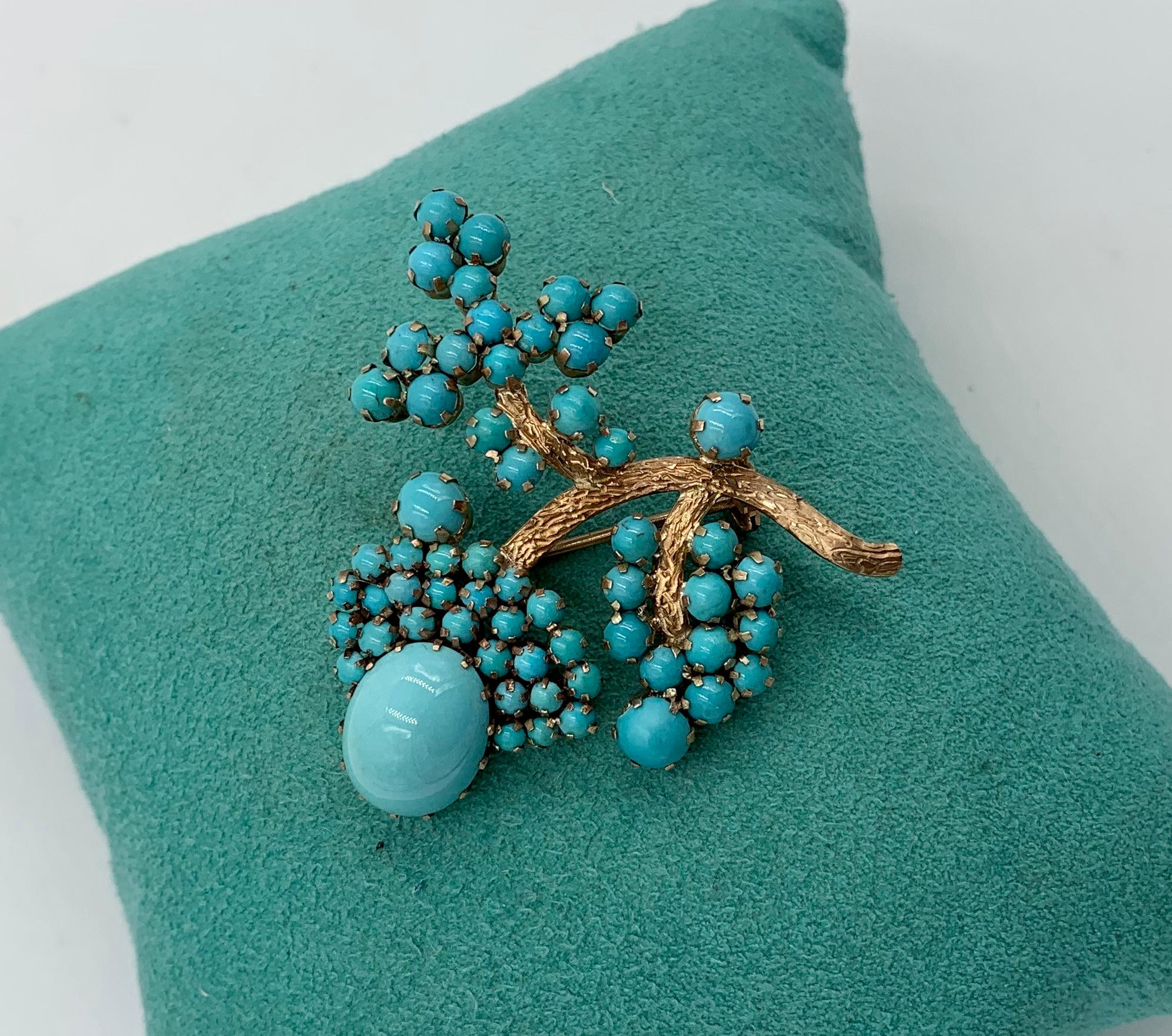 Cabochon Persian Turquoise Flower Brooch Pin Gold Retro Mid-Century Modern