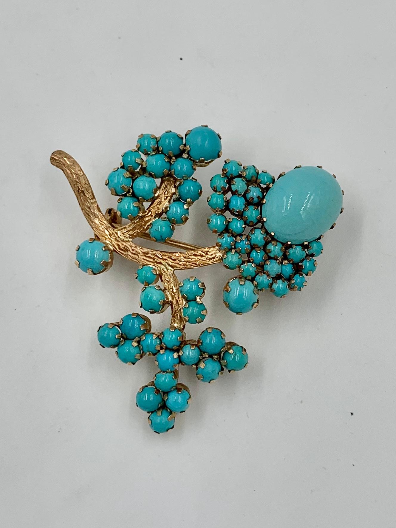 Persian Turquoise Flower Brooch Pin Gold Retro Mid-Century Modern In Good Condition In New York, NY