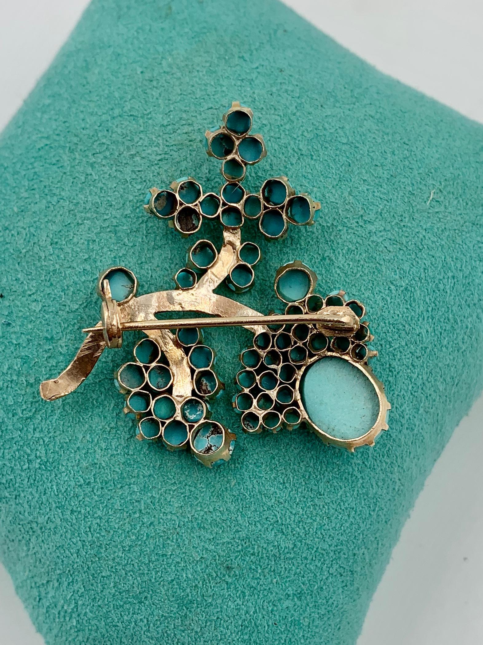 Women's Persian Turquoise Flower Brooch Pin Gold Retro Mid-Century Modern