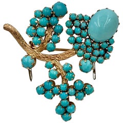 Persian Turquoise Flower Brooch Pin Gold Retro Mid-Century Modern