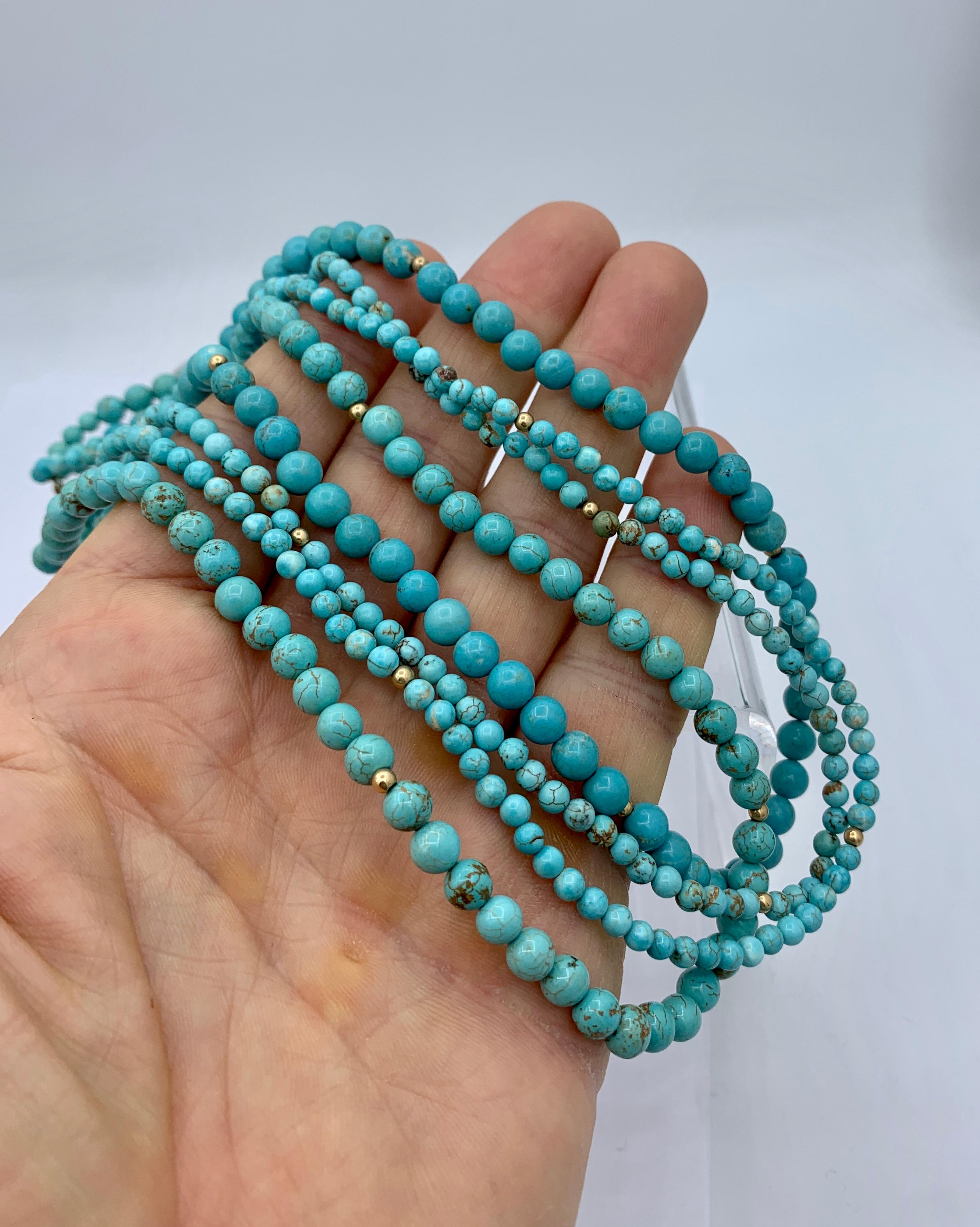 Persian Turquoise Four Strand Necklace 14 Karat Yellow Gold Antique Retro In Excellent Condition For Sale In New York, NY