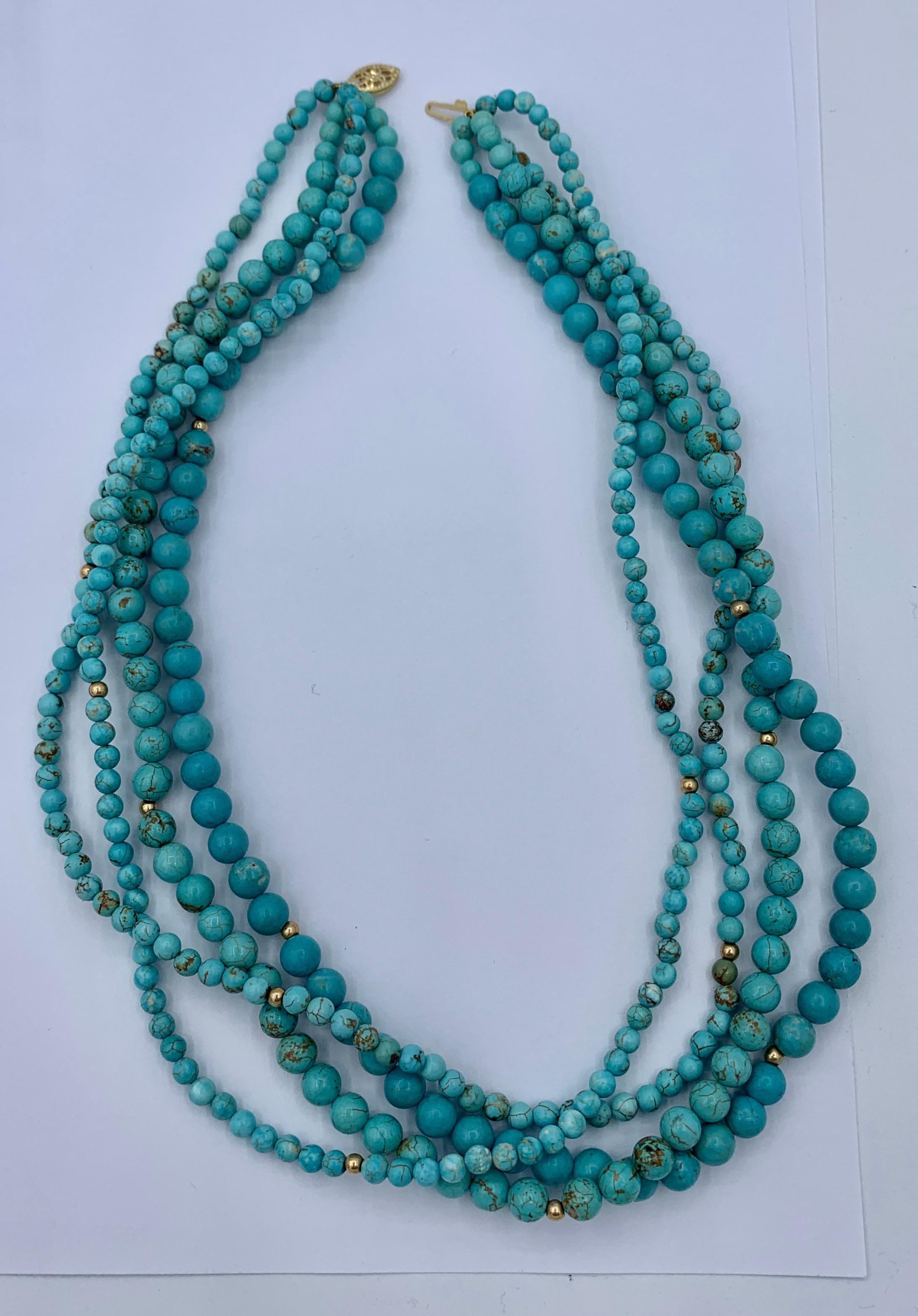 Persian Turquoise Four Strand Necklace 14 Karat Yellow Gold Antique Retro For Sale 1
