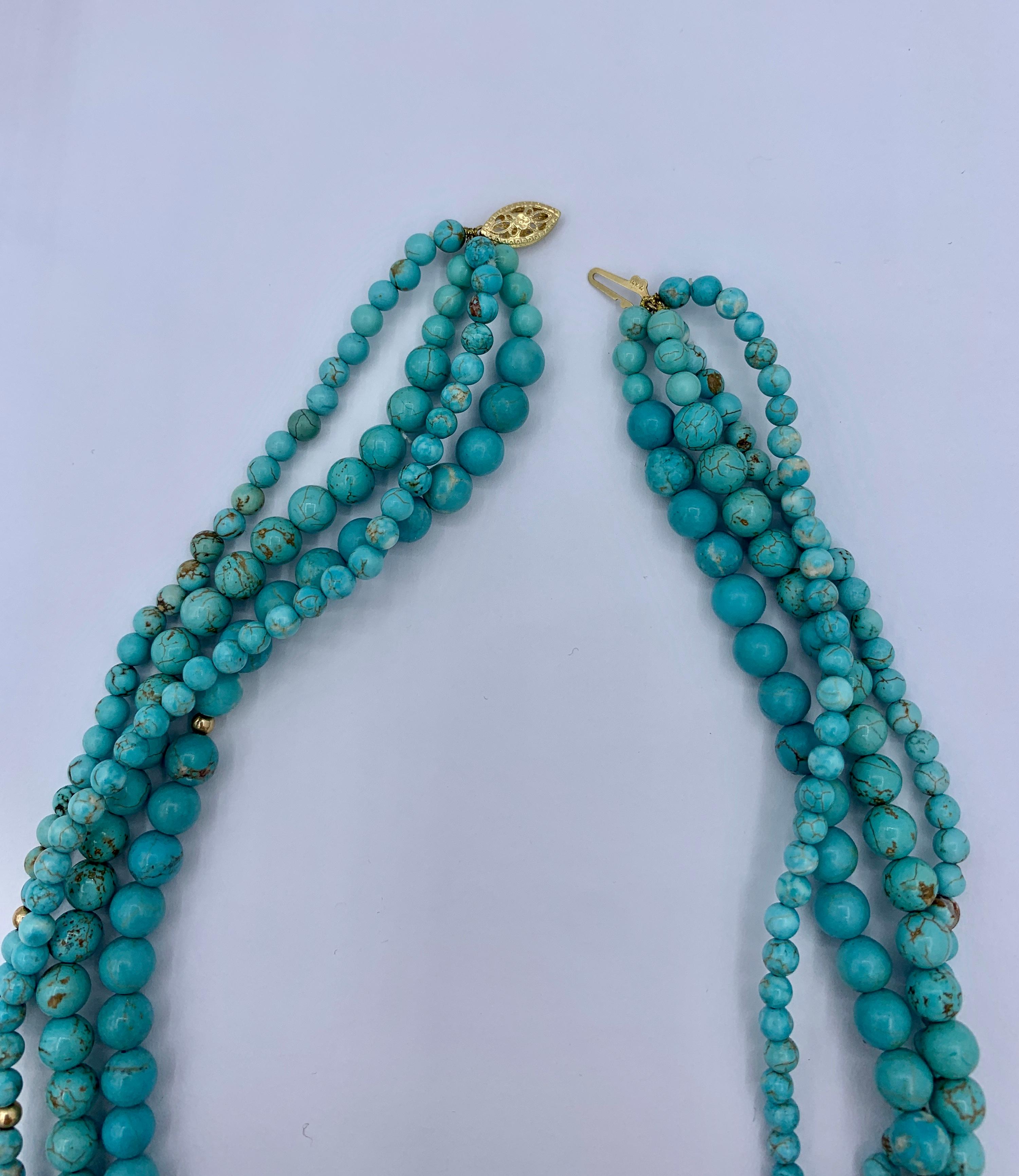 Persian Turquoise Four Strand Necklace 14 Karat Yellow Gold Antique Retro For Sale 2