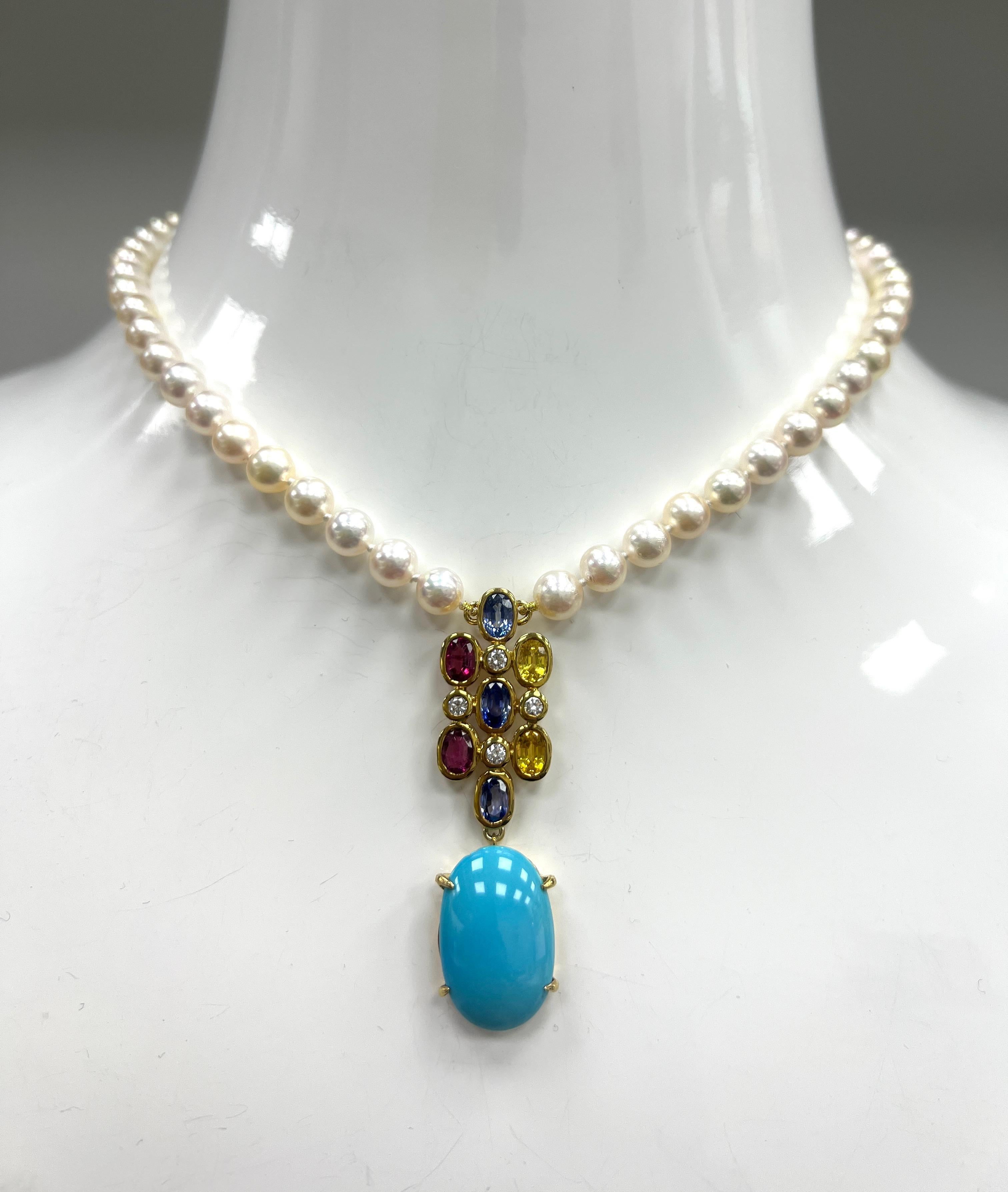 Persian Turquoise & Multi-Color Sapphire Pearl Necklace For Sale 5