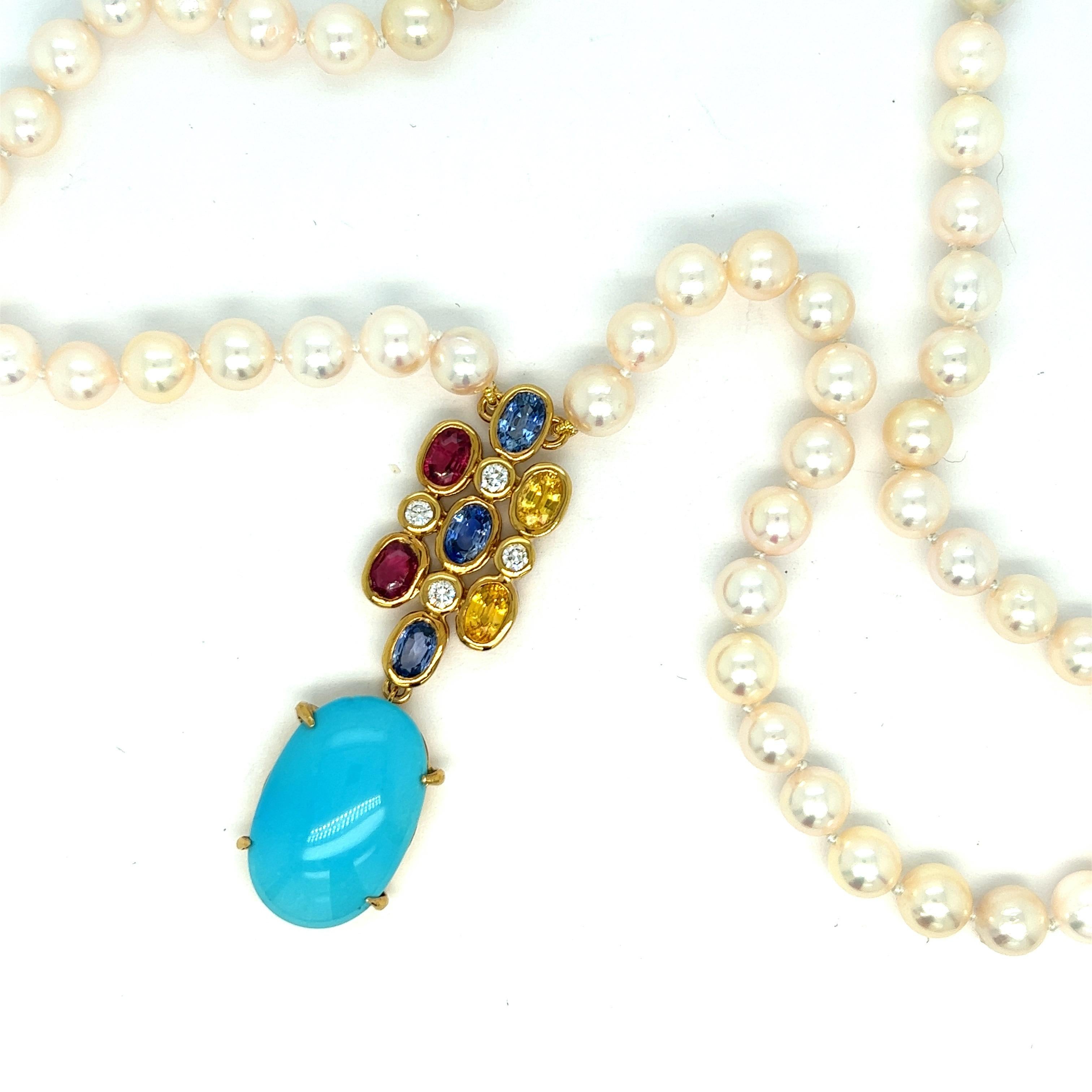 Persian turquoise and multi-color sapphire pearl necklace

Cabochon Persian turquoise (14x22mm), oval-shaped sapphires of pink, yellow, and blue, round-cut diamonds; set on yellow gold; cultured pearls

Size: pendant width 0.56 inch, length 2.13