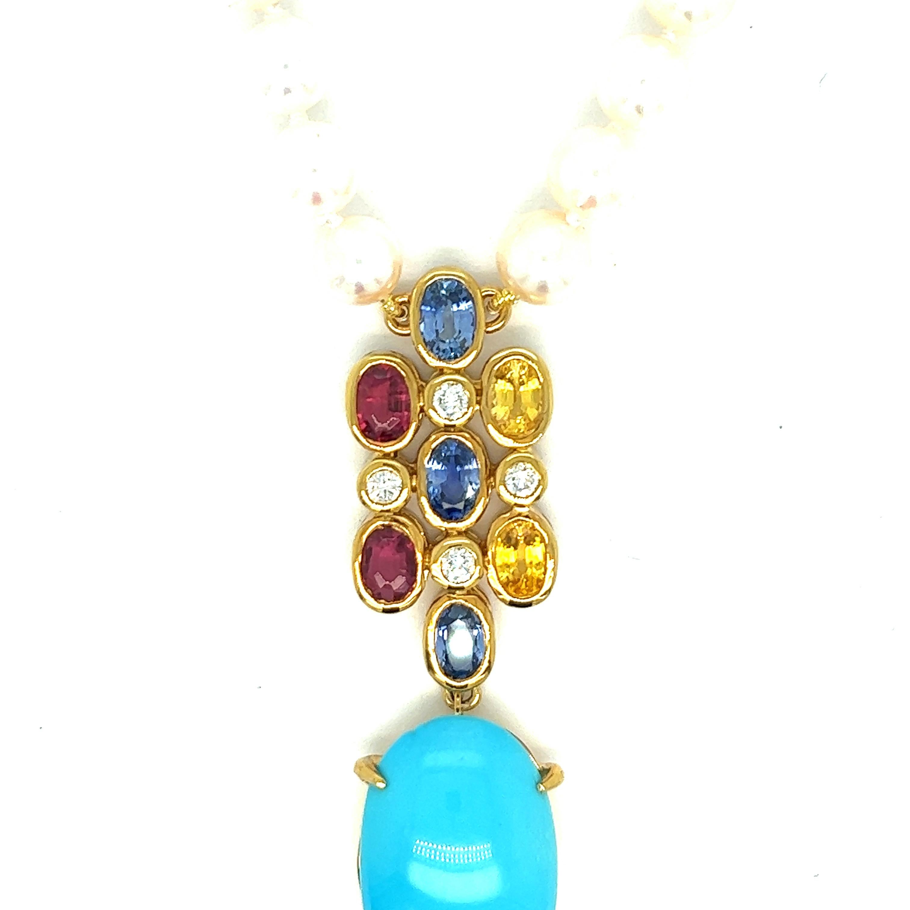 Mixed Cut Persian Turquoise & Multi-Color Sapphire Pearl Necklace For Sale