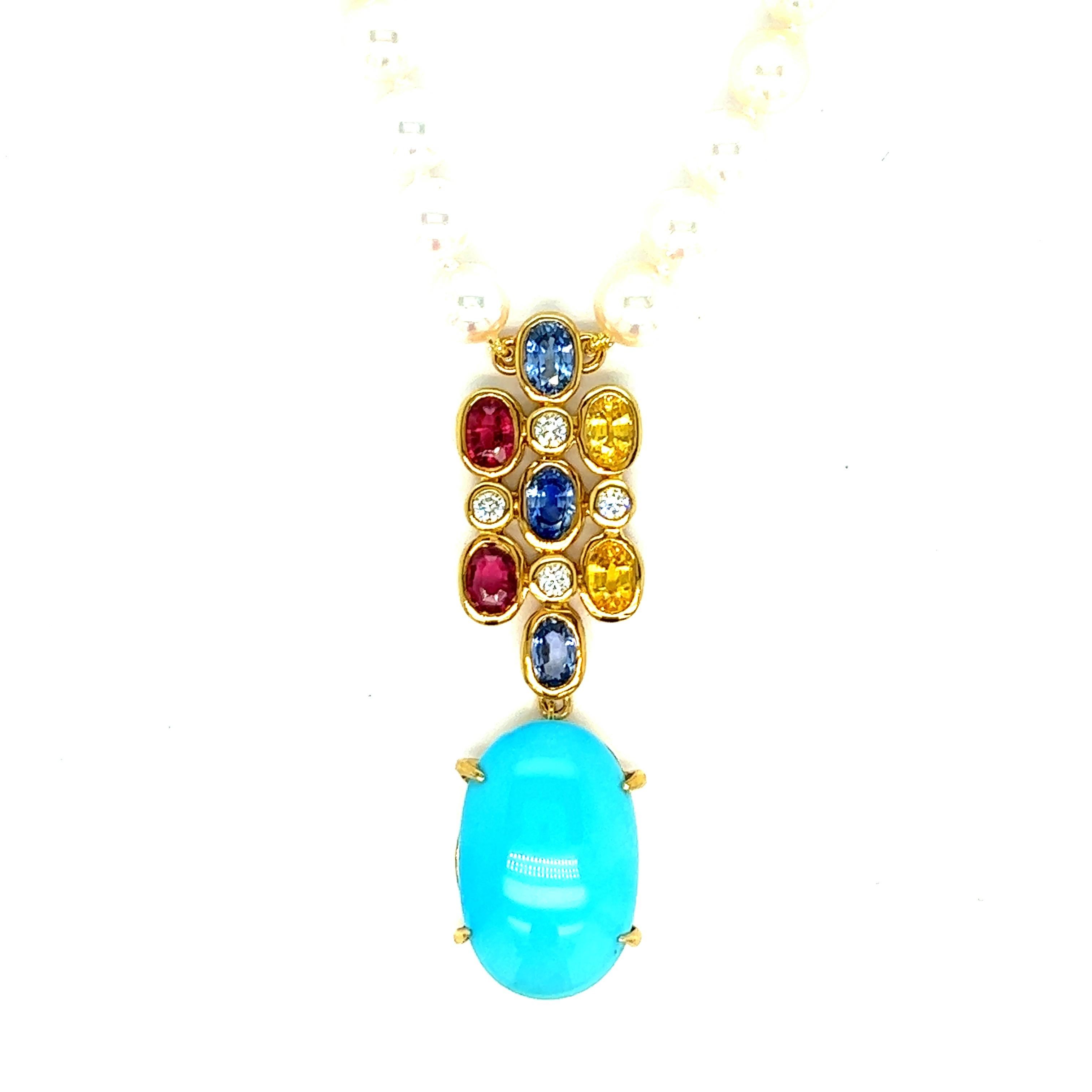 Persian Turquoise & Multi-Color Sapphire Pearl Necklace In Excellent Condition For Sale In New York, NY
