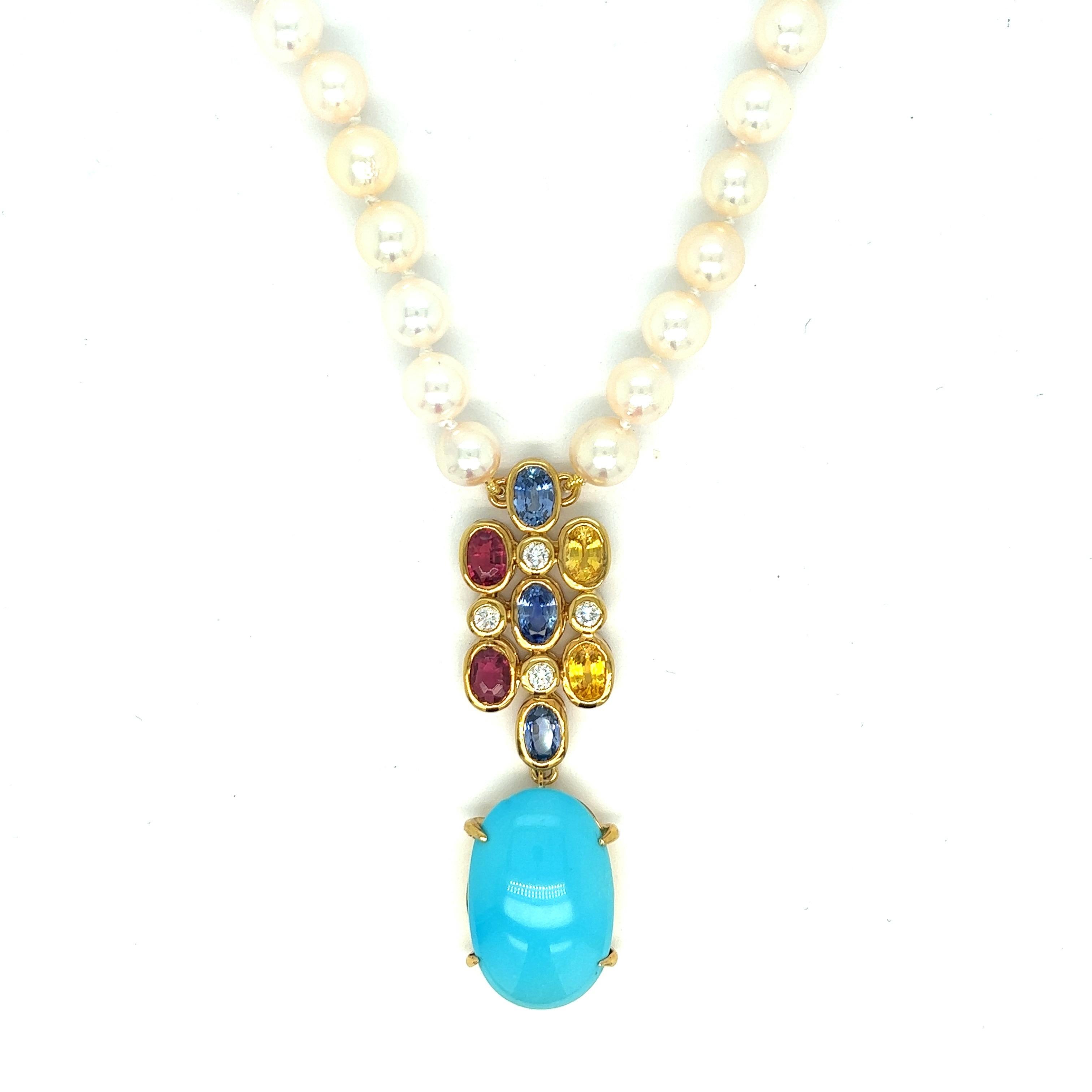 Women's Persian Turquoise & Multi-Color Sapphire Pearl Necklace For Sale