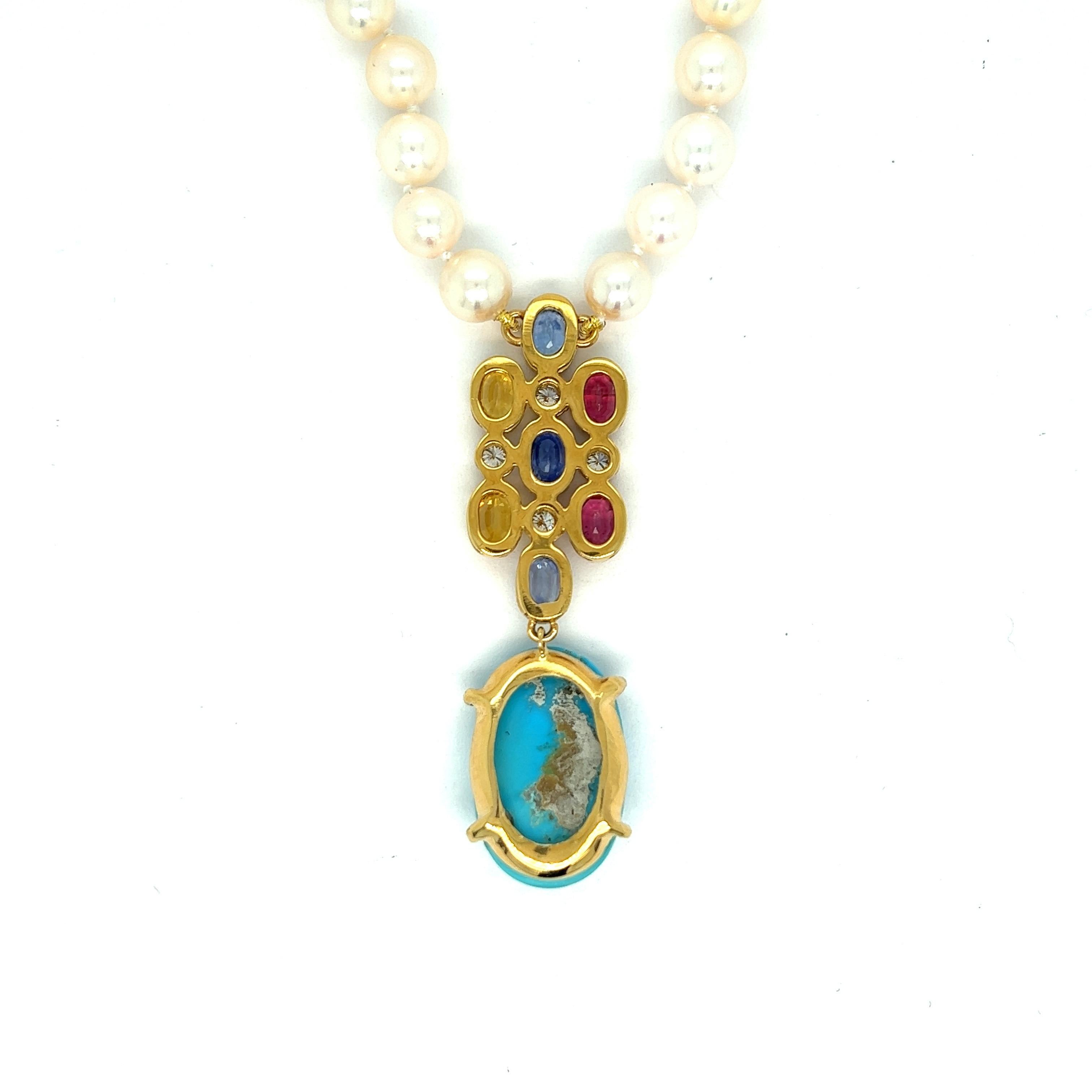 Persian Turquoise & Multi-Color Sapphire Pearl Necklace For Sale 2
