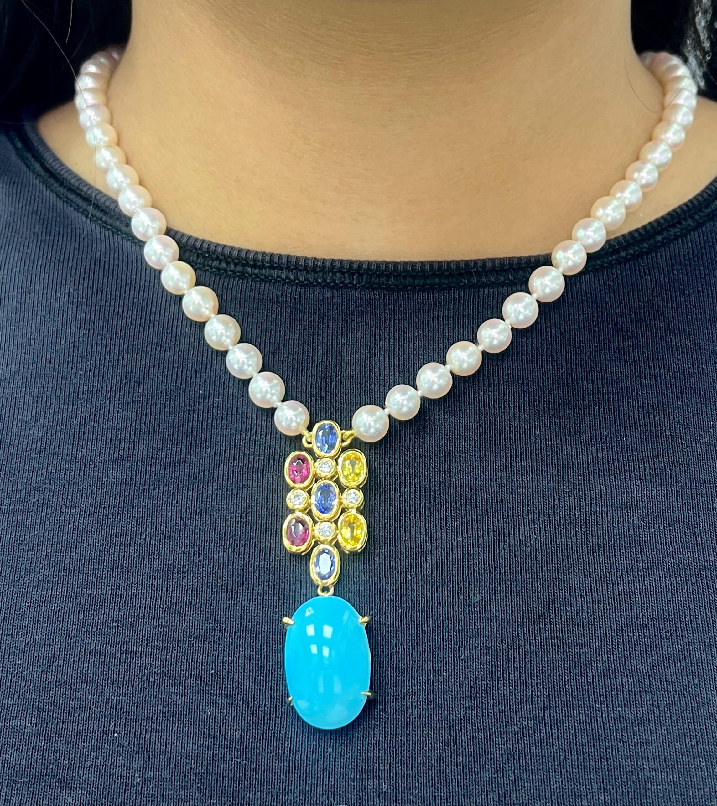 Persian Turquoise & Multi-Color Sapphire Pearl Necklace For Sale 4