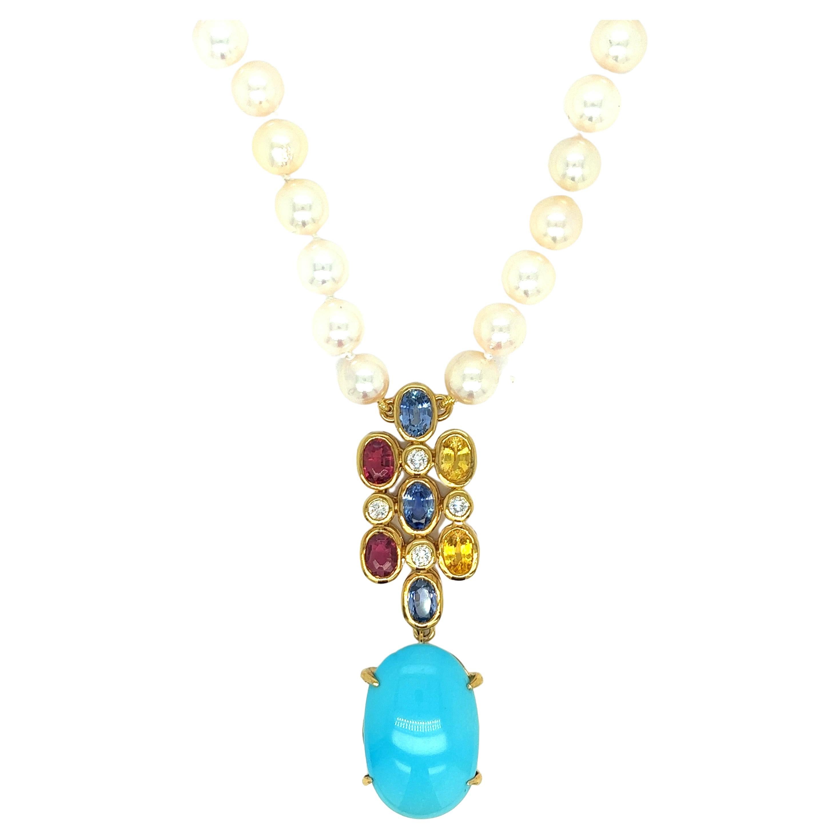 Persian Turquoise & Multi-Color Sapphire Pearl Necklace For Sale