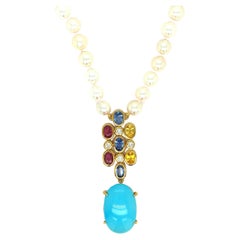Vintage Persian Turquoise & Multi-Color Sapphire Pearl Necklace