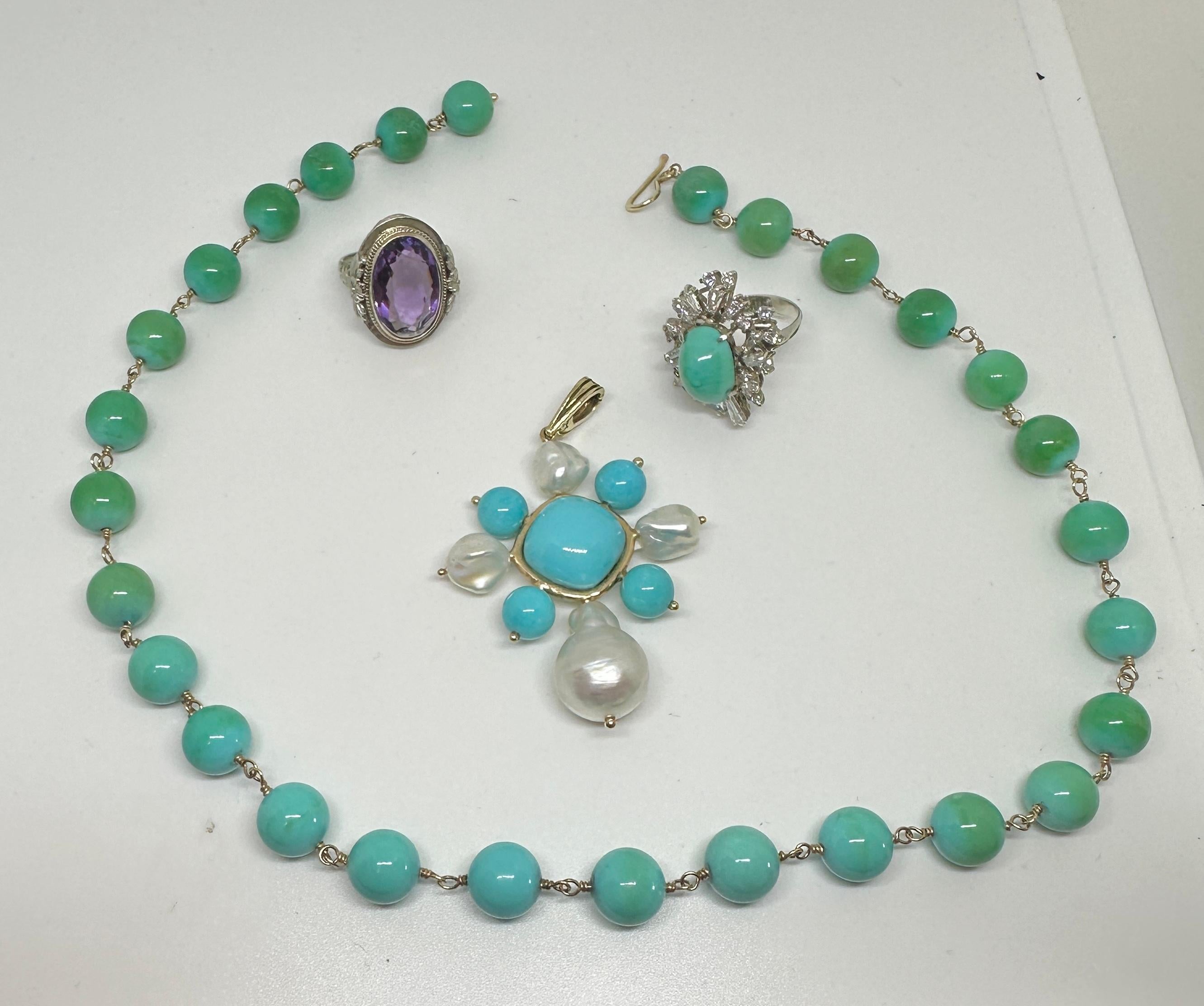 Persian Turquoise Necklace 14 Karat Yellow Gold 10mm Beads 19 Inch Antique Retro For Sale 4