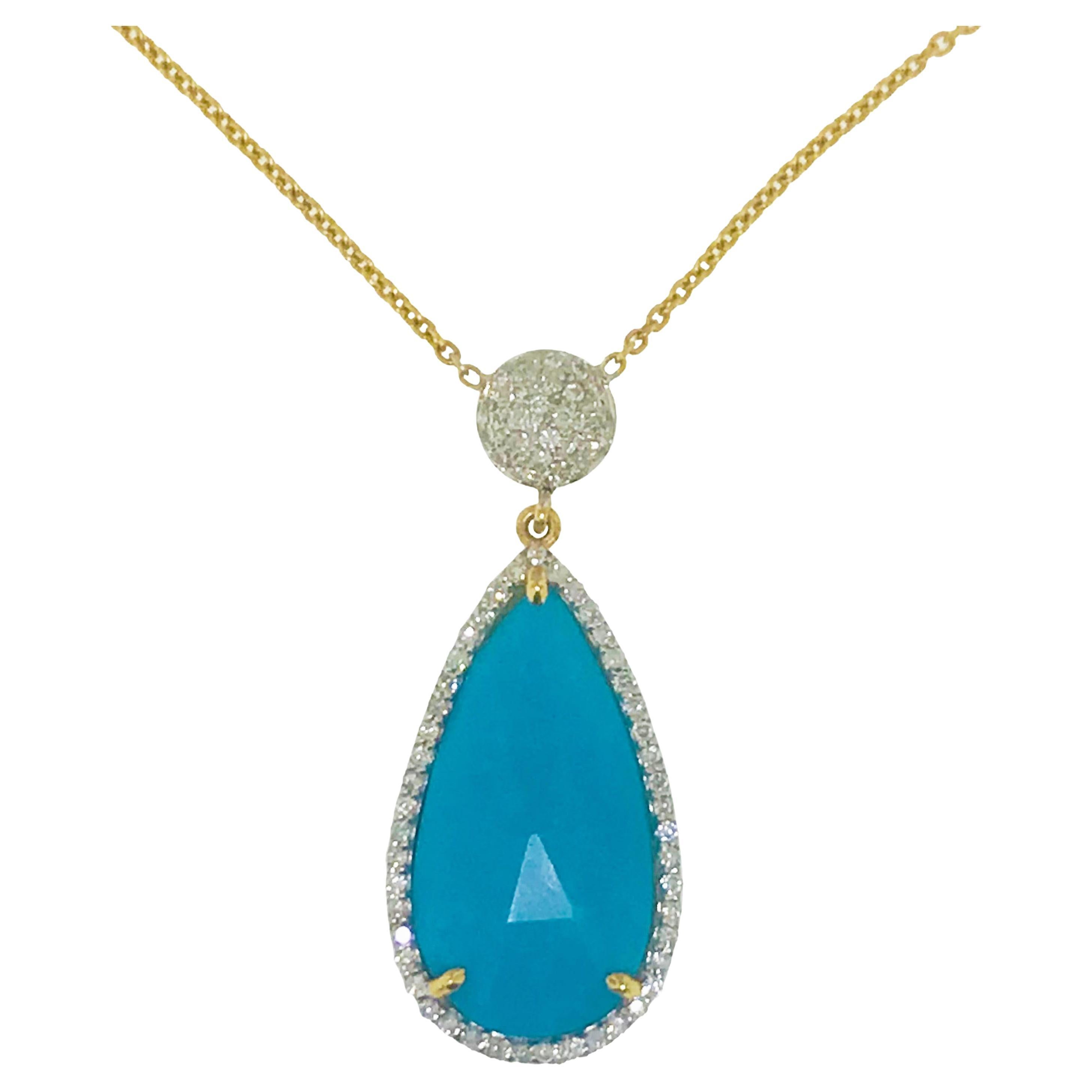 Persian Turquoise Necklace w .50 Carat Diamond Encrusted in 18 Karat, 7.50 Ct