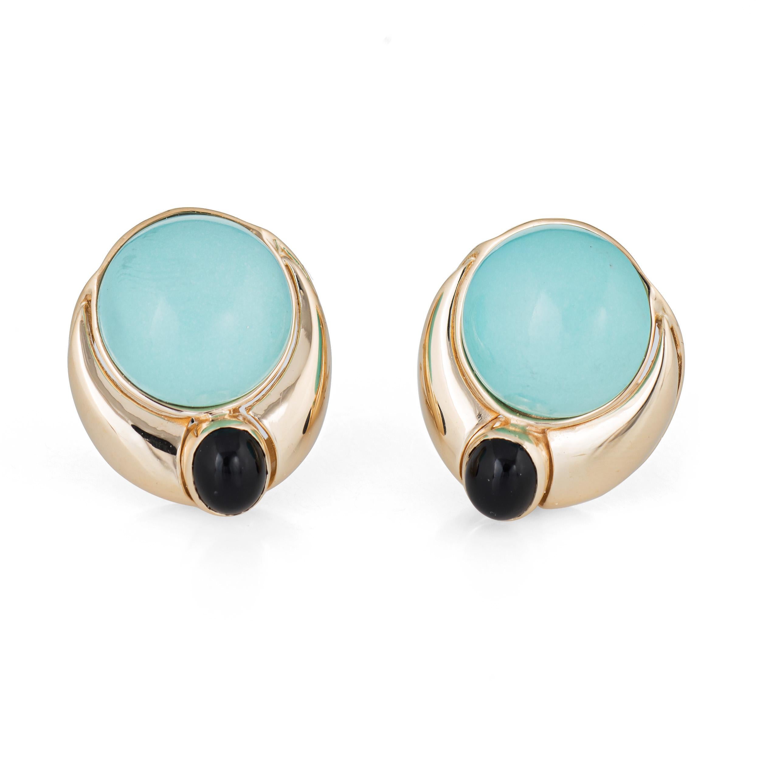 Oval Cut Persian Turquoise Onyx Earrings Vintage 14 Karat Yellow Gold Estate Fine Jewelry