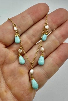 Persian Turquoise Pearl Necklace Antique Victorian Fringe Teardrop Riviere Gold