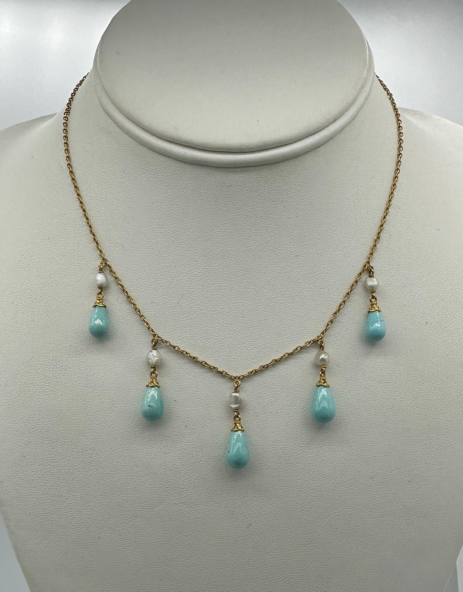 Pear Cut Persian Turquoise Pearl Necklace Antique Victorian Fringe Teardrop Riviere Gold For Sale