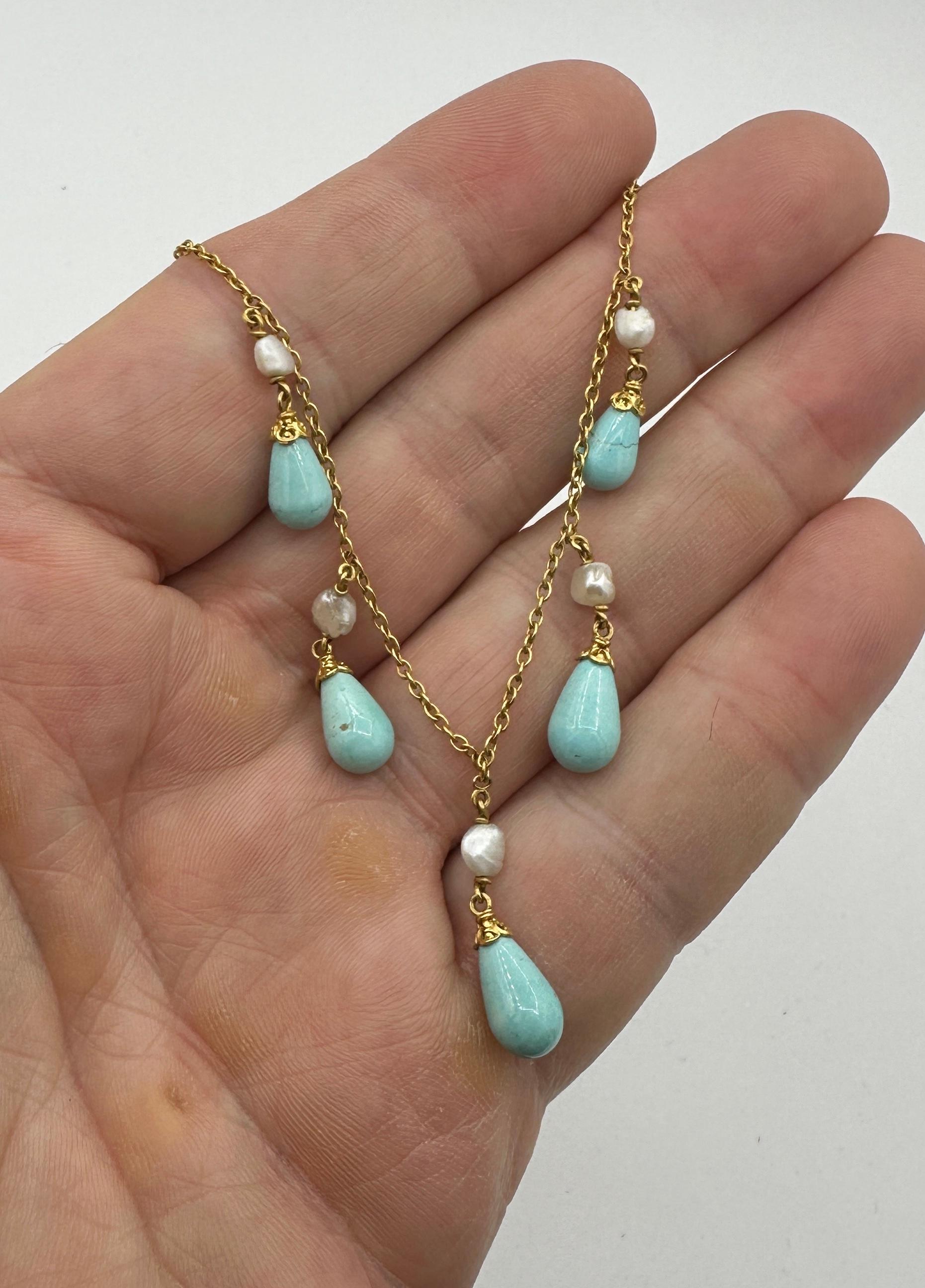 Persian Turquoise Pearl Necklace Antique Victorian Fringe Teardrop Riviere Gold For Sale 3