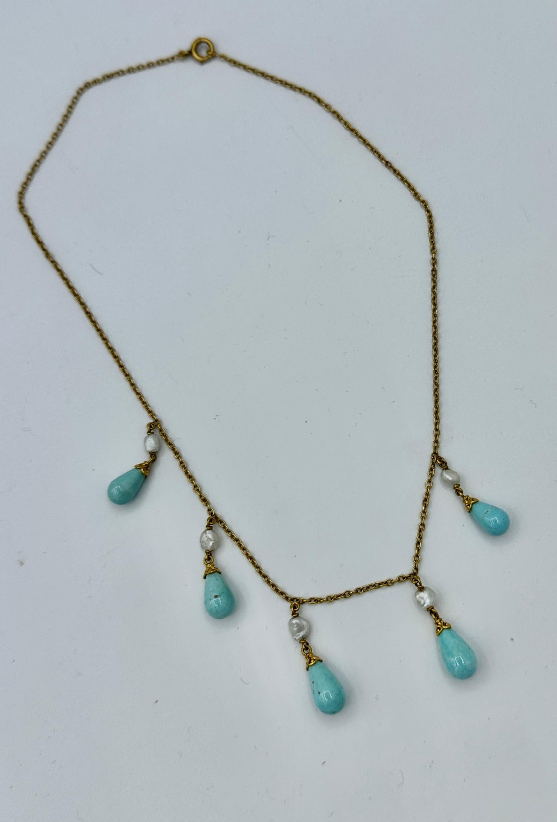 Persian Turquoise Pearl Necklace Antique Victorian Fringe Teardrop Riviere Gold For Sale 4