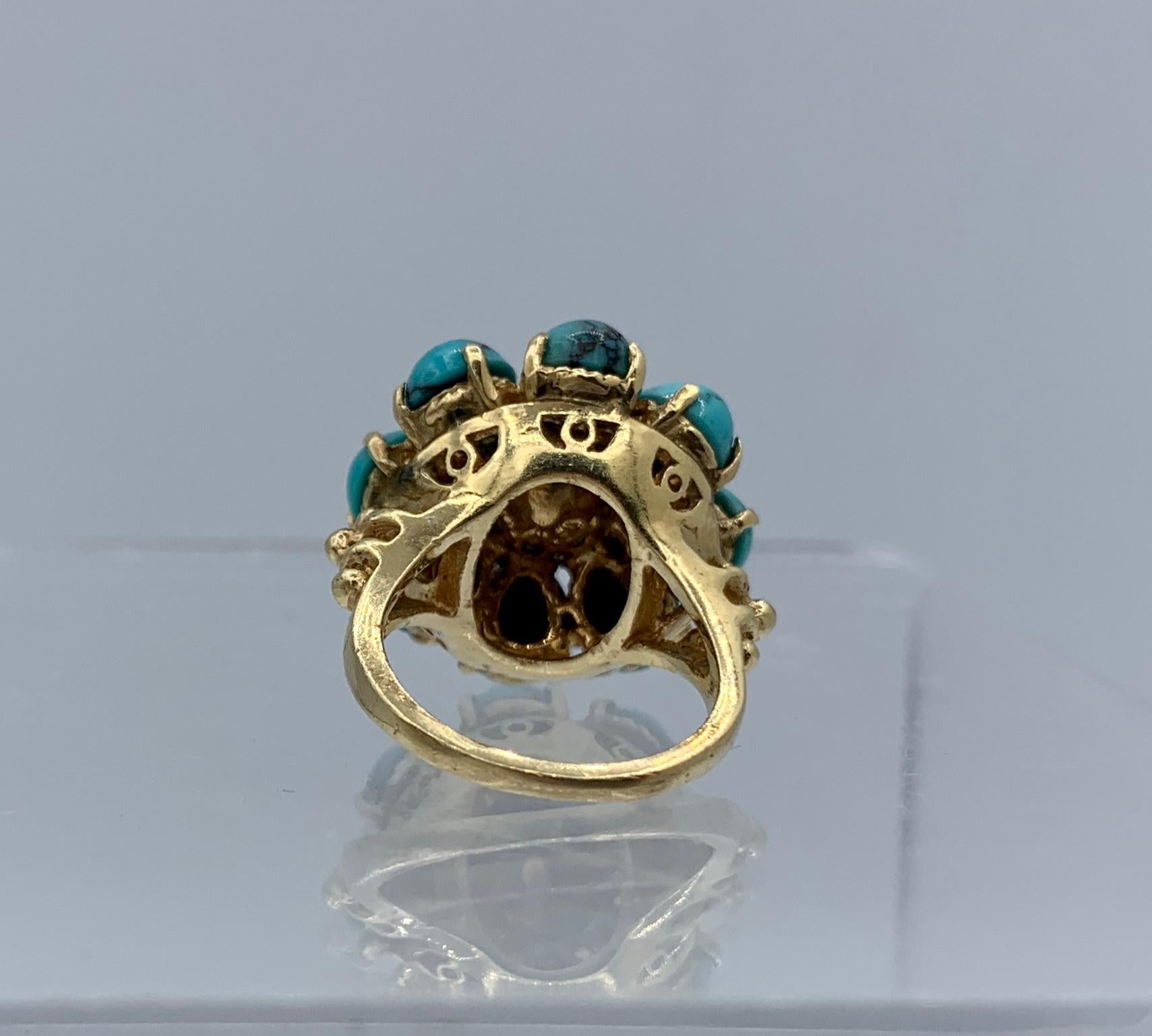 Persian Turquoise Pearl Ring 14 Karat Gold Retro Antique Cocktail Ring For Sale 5