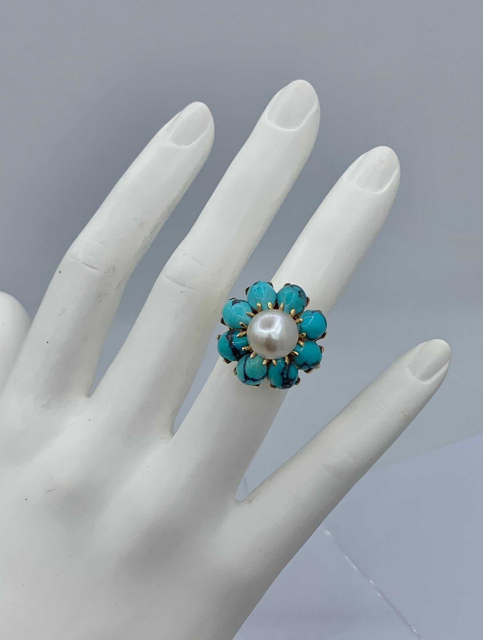Persian Turquoise Pearl Ring 14 Karat Gold Retro Antique Cocktail Ring For Sale 6