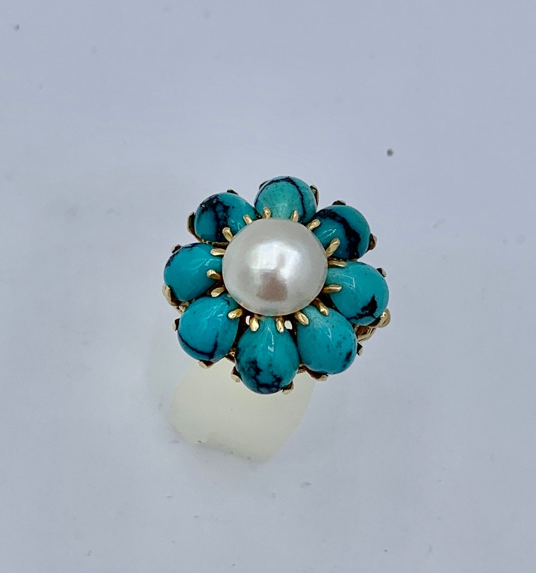 Cabochon Persian Turquoise Pearl Ring 14 Karat Gold Retro Antique Cocktail Ring For Sale