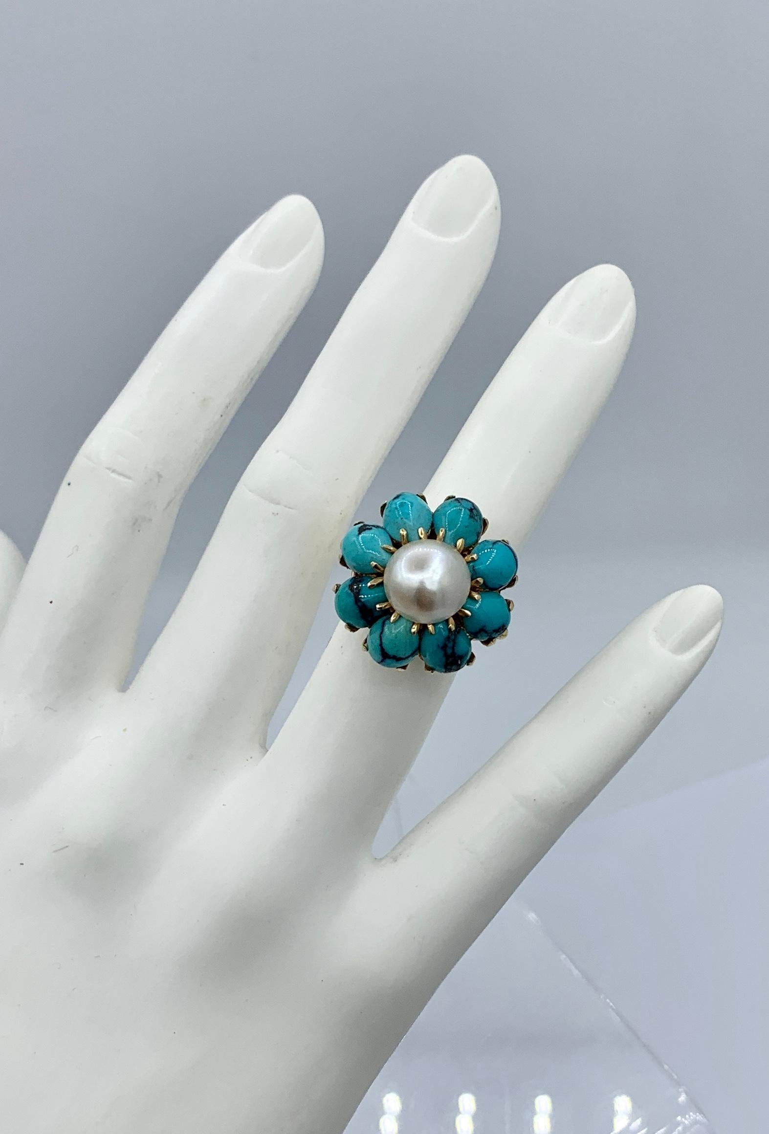 Persian Turquoise Pearl Ring 14 Karat Gold Retro Antique Cocktail Ring In Excellent Condition For Sale In New York, NY