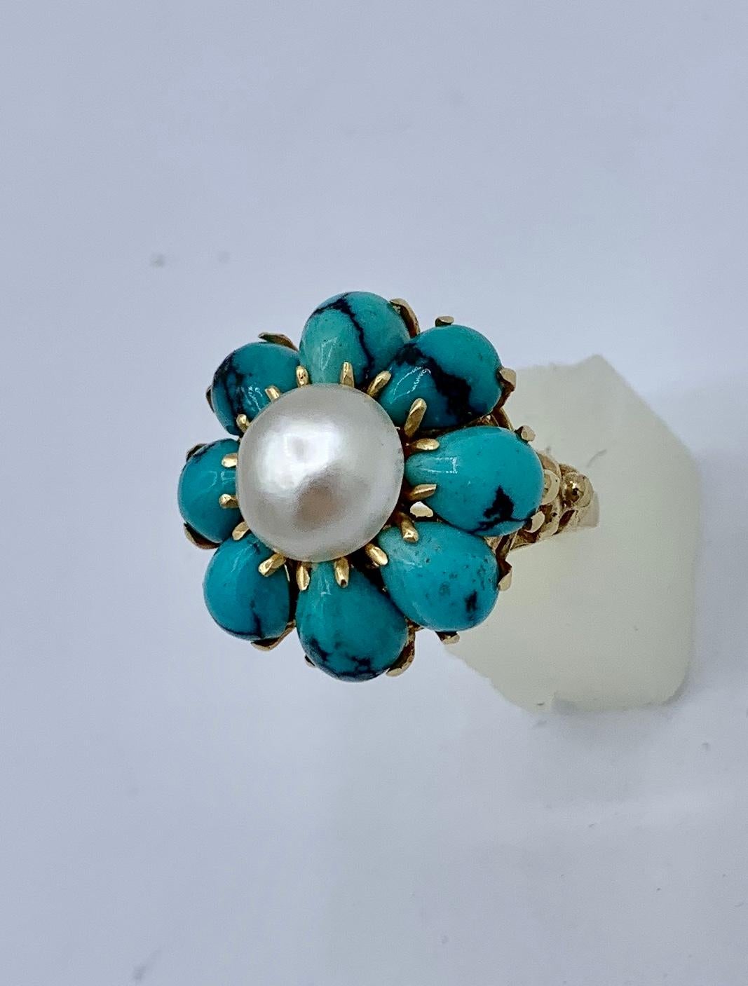 Women's Persian Turquoise Pearl Ring 14 Karat Gold Retro Antique Cocktail Ring For Sale