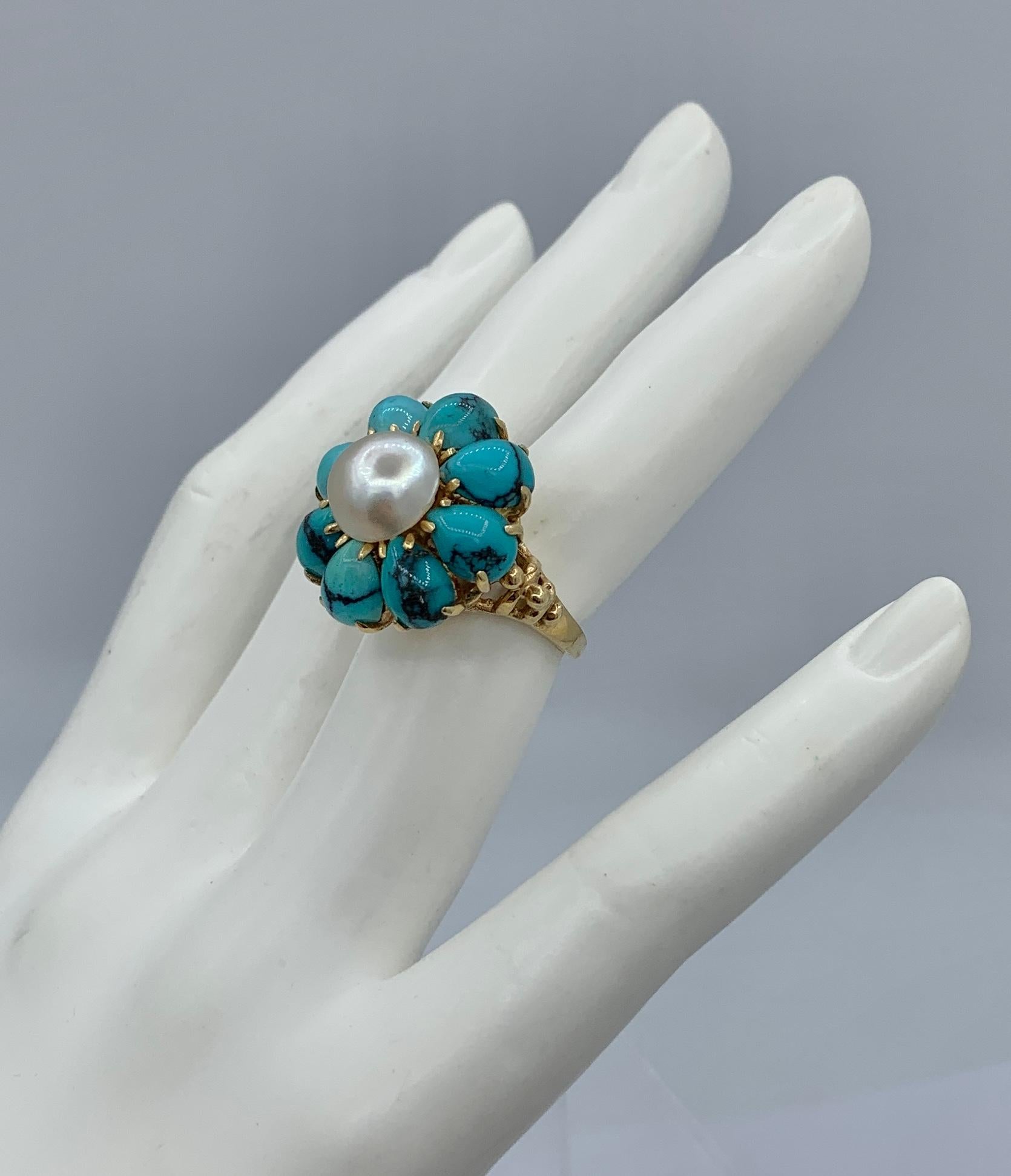 Persian Turquoise Pearl Ring 14 Karat Gold Retro Antique Cocktail Ring For Sale 1