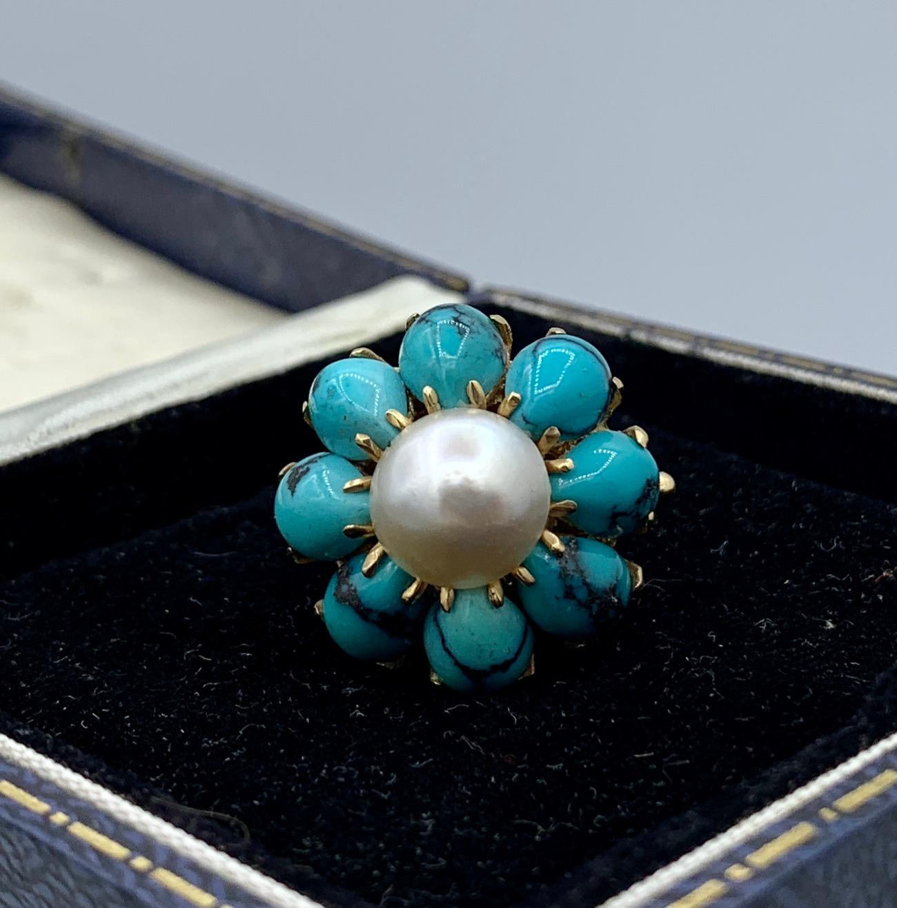 Persian Turquoise Pearl Ring 14 Karat Gold Retro Antique Cocktail Ring For Sale 2