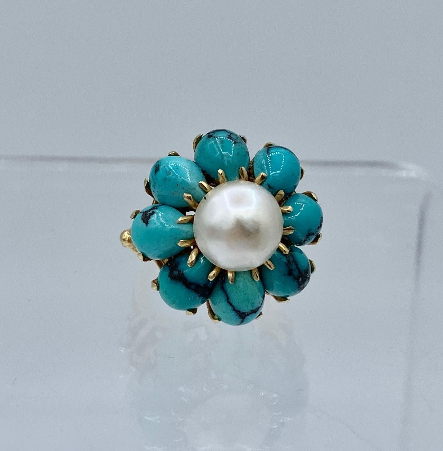 Persian Turquoise Pearl Ring 14 Karat Gold Retro Antique Cocktail Ring For Sale 3