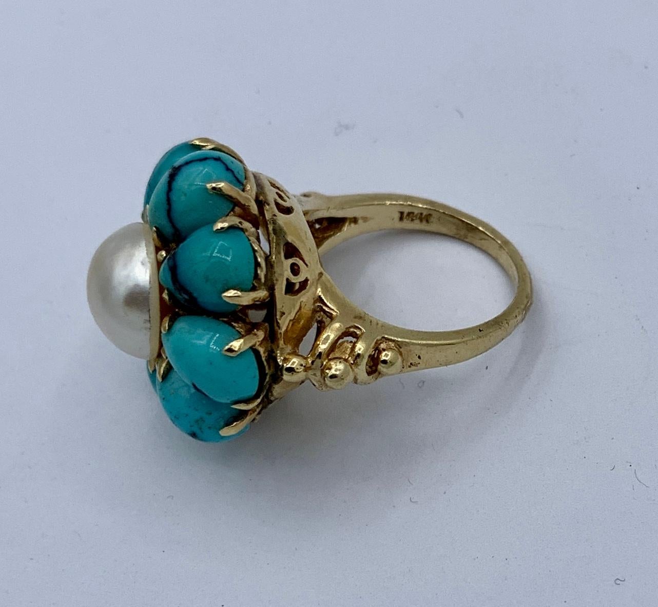 Persian Turquoise Pearl Ring 14 Karat Gold Retro Antique Cocktail Ring For Sale 4