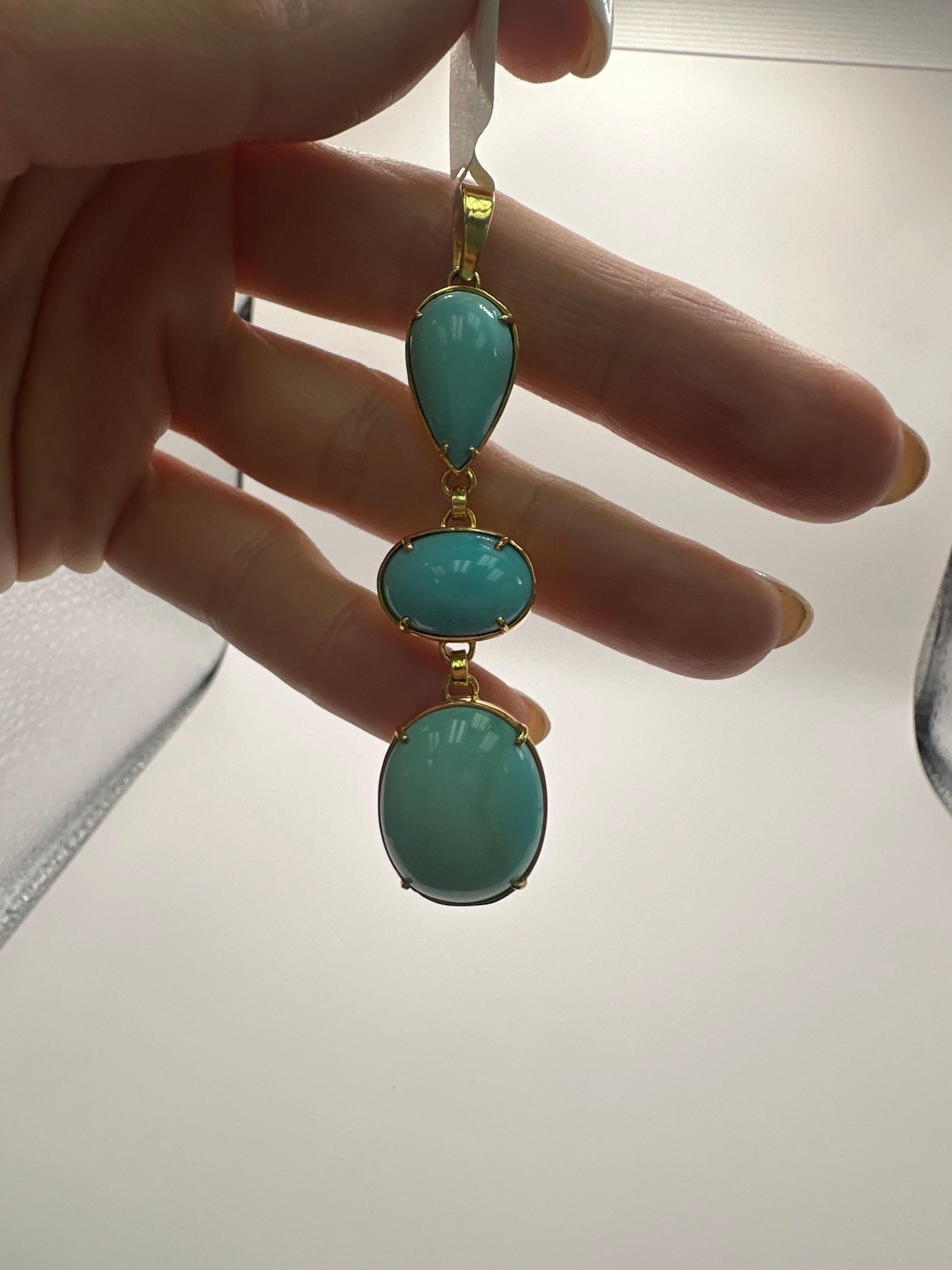 Oval Cut Persian Turquoise pendant necklace long 18KT solid gold For Sale