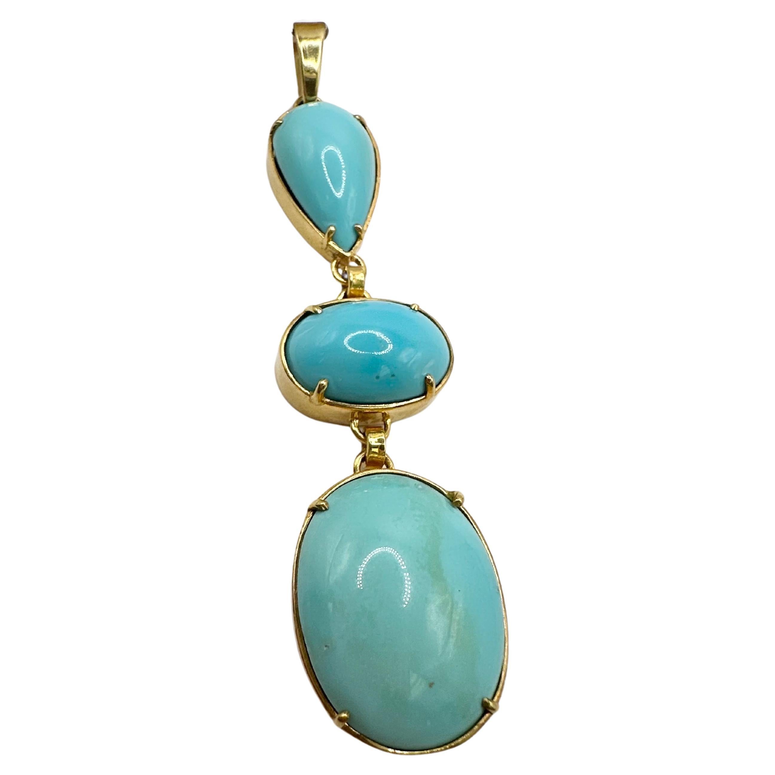 Collier pendentif persan turquoise long en or massif 18 carats