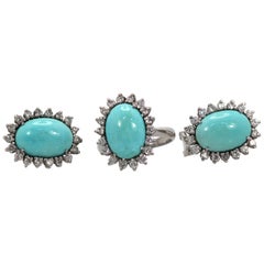 Vintage Persian Turquoise Ring Plus Earrings Set Surrounded by Diamonds