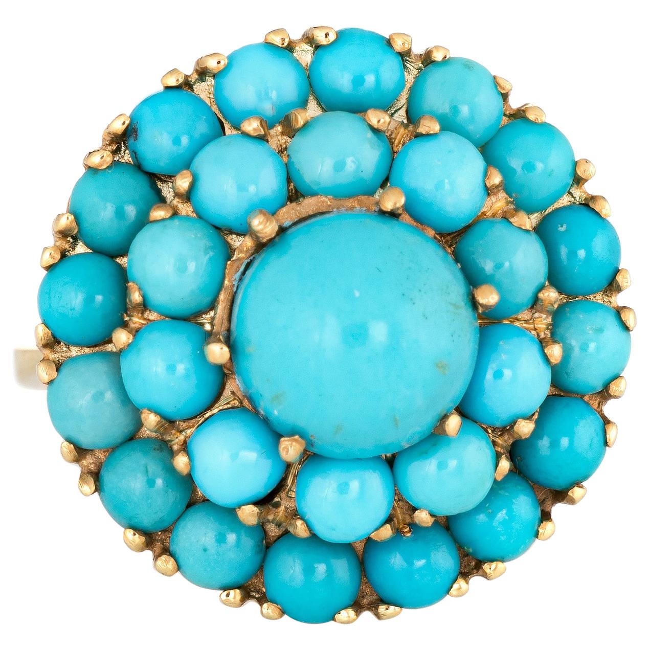 Persian Turquoise Ring Vintage 18 Karat Gold Round Cluster Estate Fine Jewelry