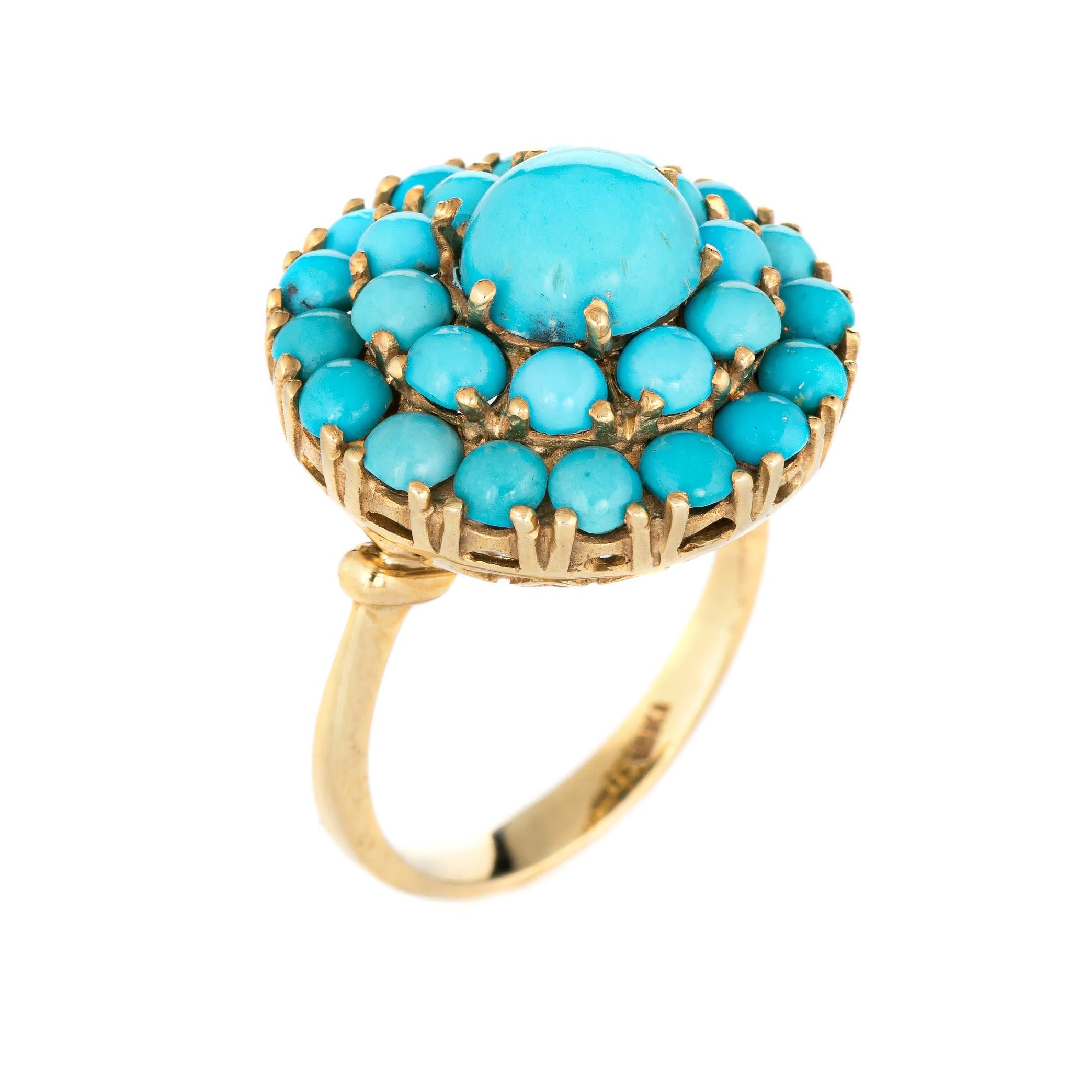 Stylish vintage Persian turquoise cocktail ring (circa 1960s to 1970s) crafted in 18 karat yellow gold. 

Cabochon cut Persian turquoise measures from 3.5mm (two outer rows) to 8.5mm (center). The turquoise is in excellent condition and free of