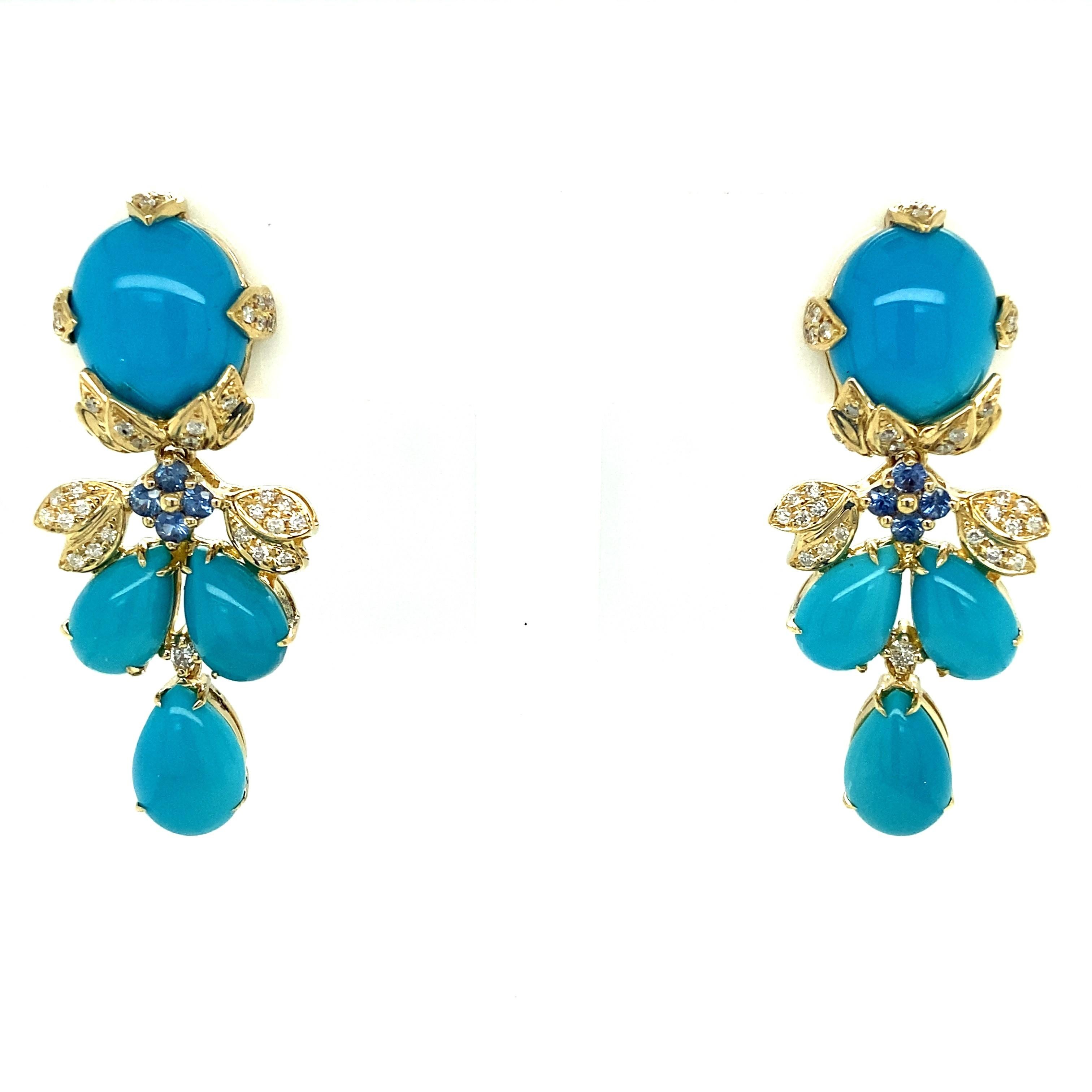 One pair of 18 karat yellow gold earrings, each set with four Persian cabochon turquoise stones, approximately 10 carats total weight, four round faceted Ceylon sapphires, and forty-two round brilliant cut diamonds, approximately 0.30-carat total